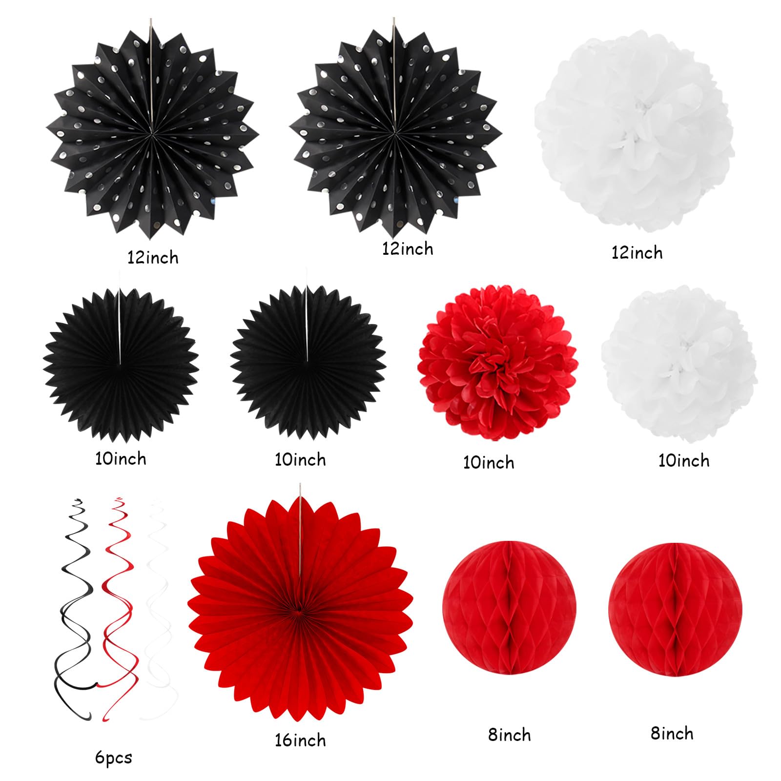 Czarno-biało-czerwone dekoracje imprezowe - 33 szt. baner urodzinowy, serpentyny girlanda z frędzlami, pompony o strukturze plastra miodu, papierowe wachlarze latarni, mężczyźni kobiety ślub baby