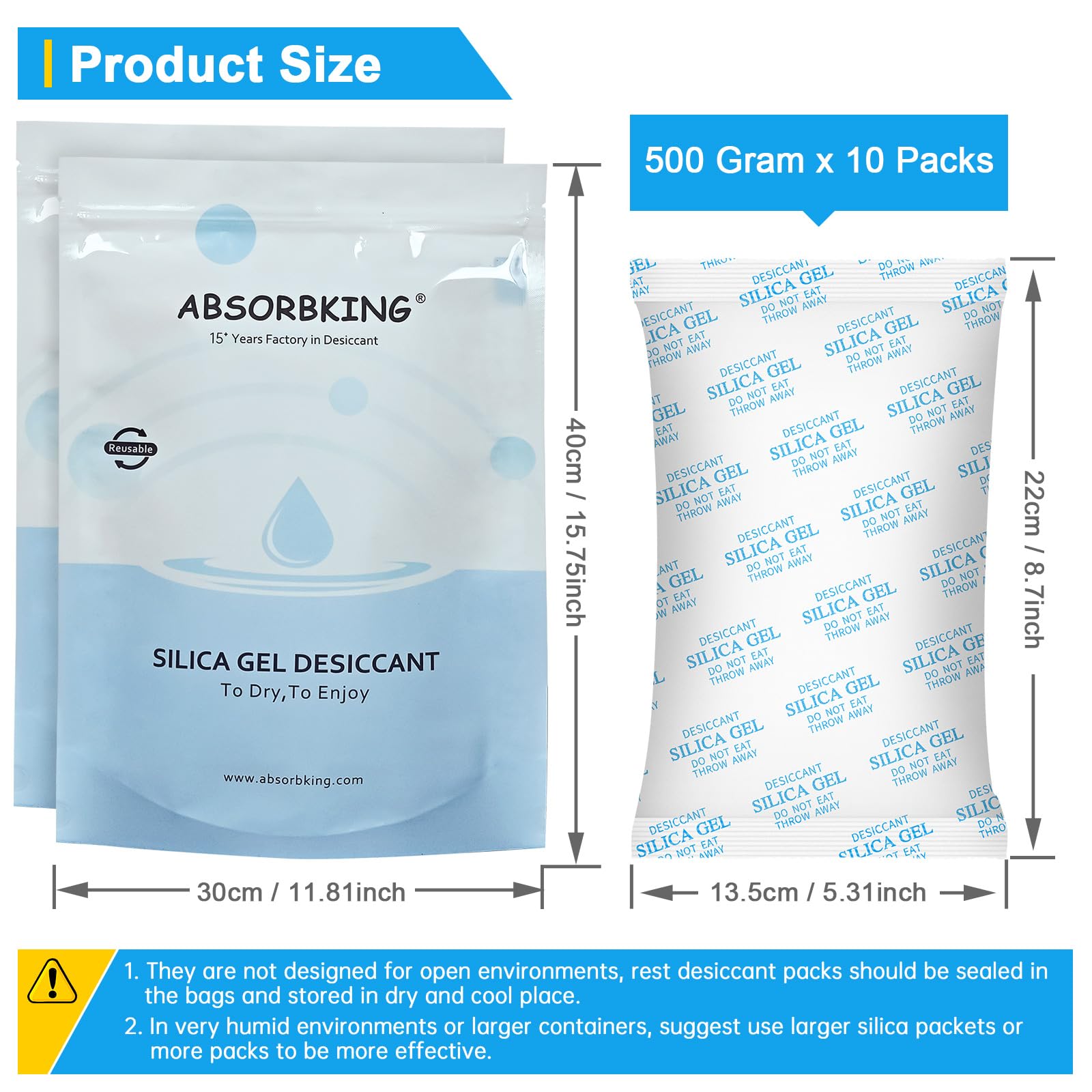 Paquete grande de desecante 500 gramos 10 paquetes de gel de sílice para control de humedad, gel de sílice deshumidificador para coche, reutilizable, gran absorción de humedad para