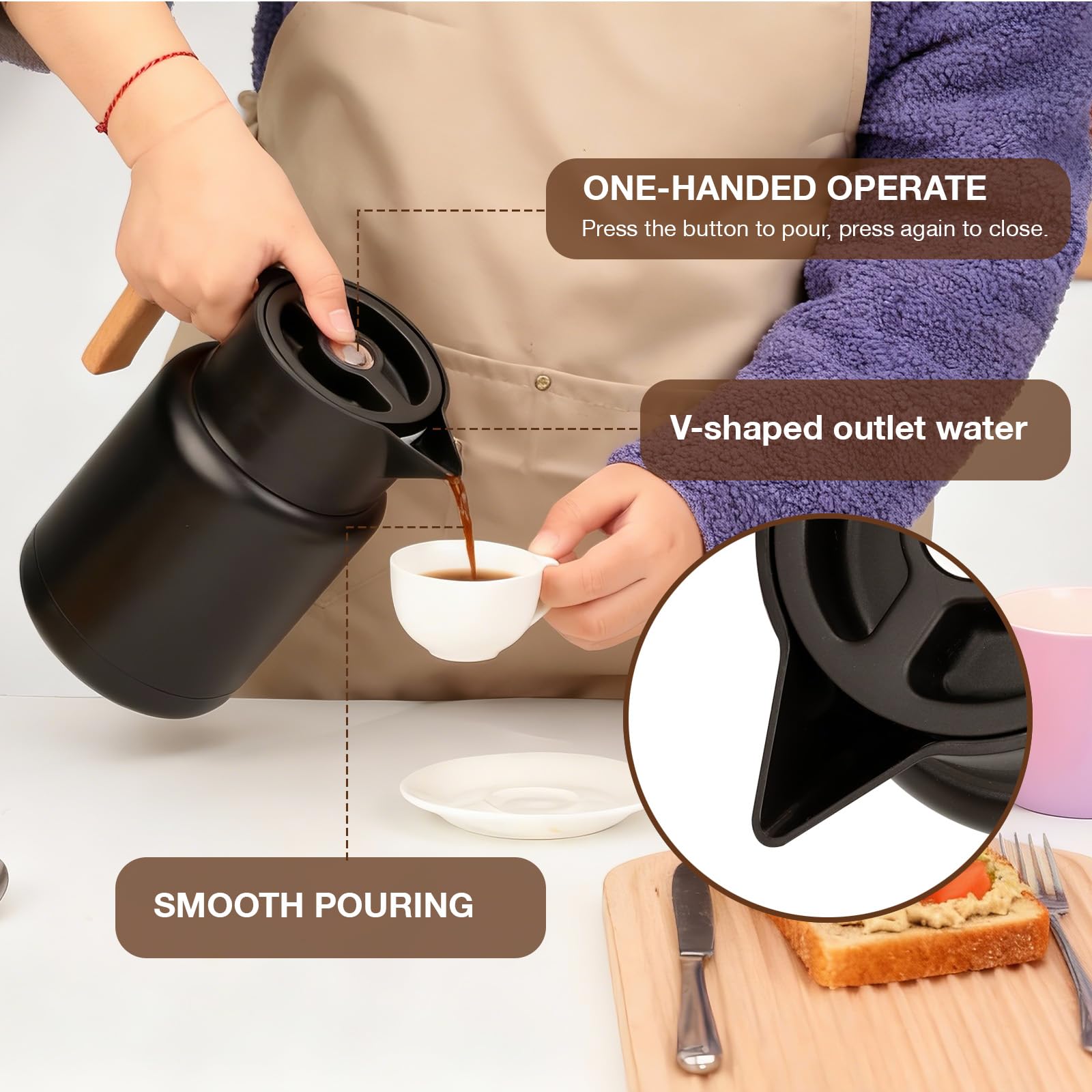VINATO Thermos Café en Acier Inoxydable 304 - Pichet Isotherme Sans BPA avec Poignée Effet Bois, Étanche pour Café, Thé et Lait, Bouteille Isotherme 1,5L