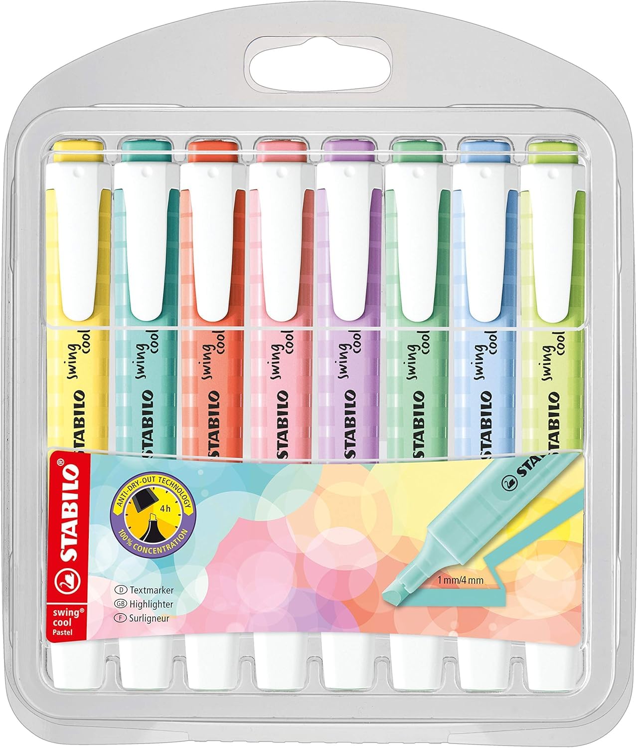 STABILO swing cool Pastel | 16er Pack Textmarker | Pastell Highlighter mit Clip | rutschfeste Oberfläche | Keilspitze 1–4 mm | ideal für Schule, Studium & Büro