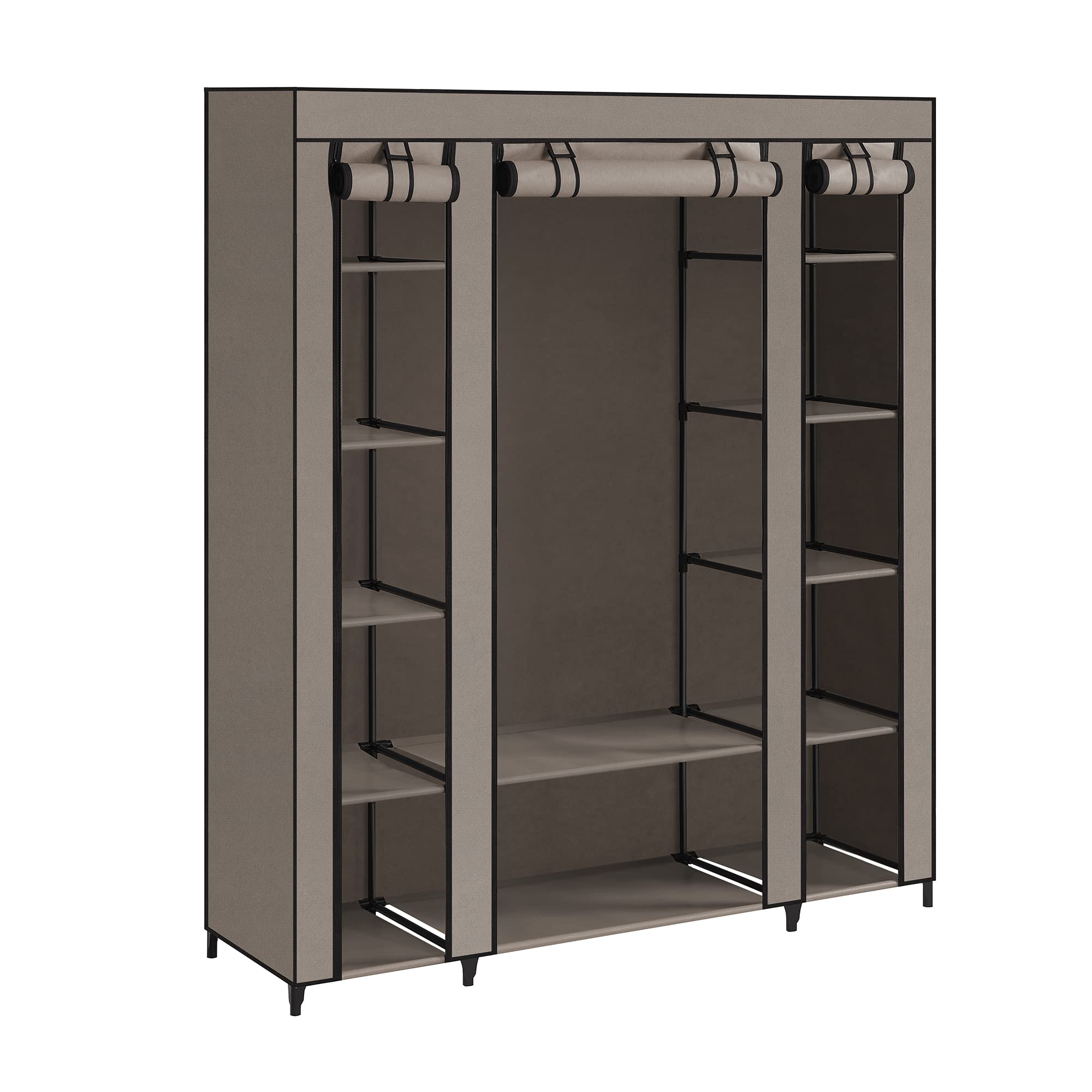 SONGMICS Wardrobe, Fabric Cabinet with Non-Woven Fabric Cover, Folding Cabinet with Clothes Rail, 45 x 150 x 175 cm, 12 Shelves, Metal Frame, Bedroom Cabinet, Taupe LSF003R02