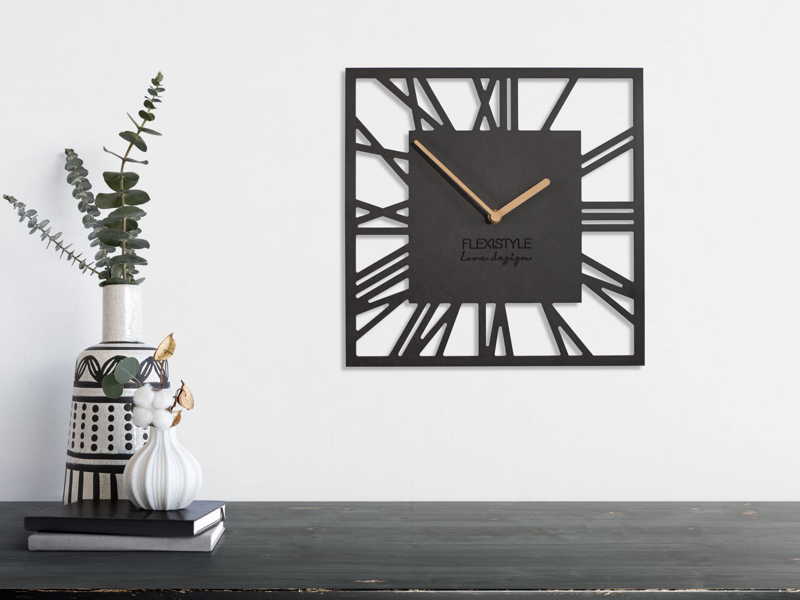 FLEXISTYLE Wanduhr ohne tickgeräusche modern LOFT Piccolo Square 30cm/50cm Wohnzimmer Badezimmer (Schwarz, 30cm)