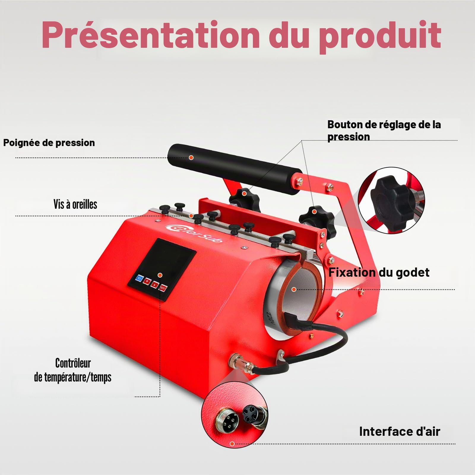ColorSub Presse à Chaud Machine, Presse à Tumbler Professionnelle 11-30oz de Sublimation Machine d'Impression, Presse à Chaleur Transfert Thermique pour Mugs Tasses Gobelets（Rouge）