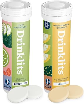 أقراص Drinklits Lemon Immunity & Lemon-Lime Hydration 2 Tube Combo Pack | Essential Electrolytes Immune Support Great Taste | 20 حصة 10 أقراص لكل أنبوب