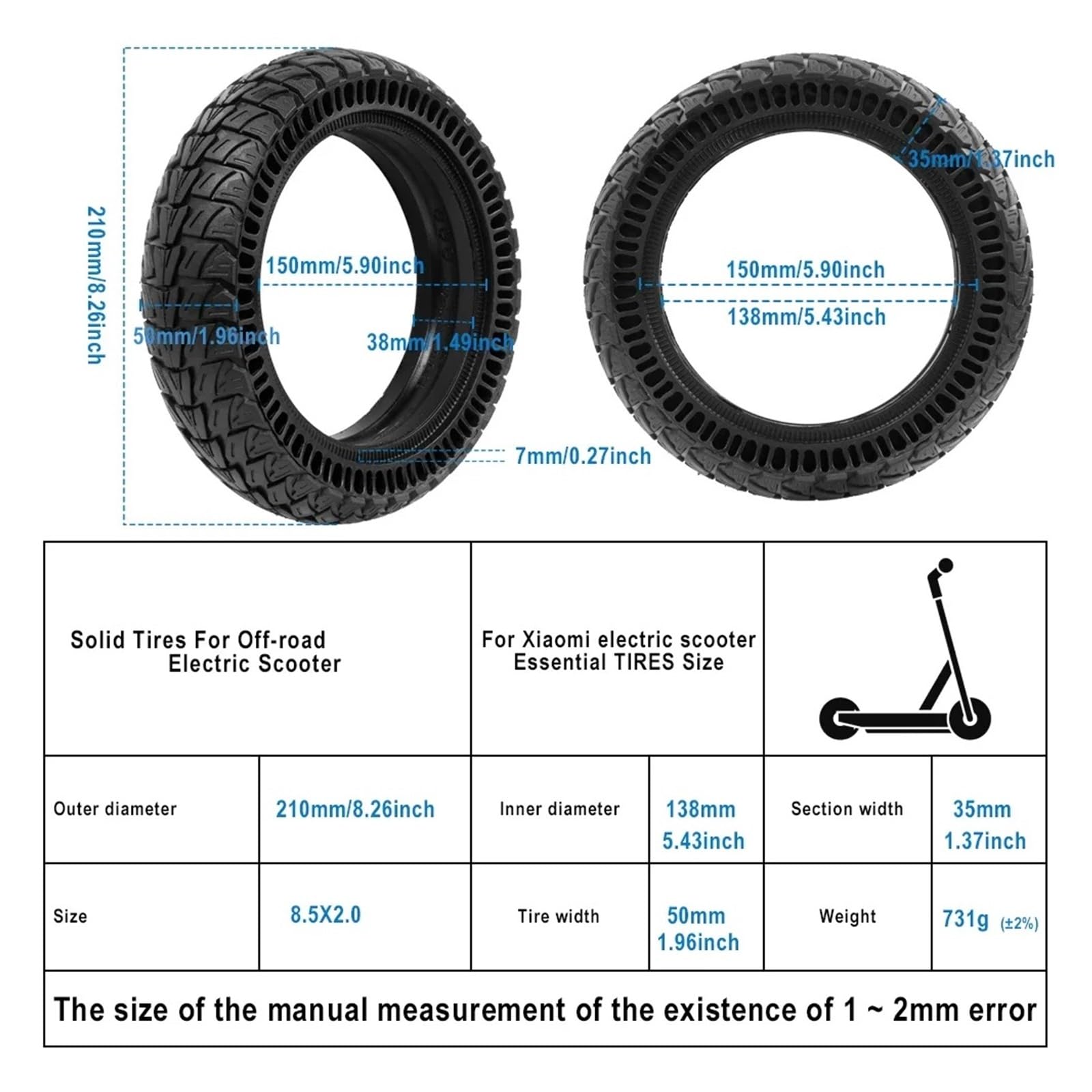 Neumático sólido for patinete eléctrico Xiaomi, M365 Pro 1S, sin cámara, con amortiguación de impactos, 8,5 x 2,125 (8, pulgadas) Neumático macizo para patinete eléctrico