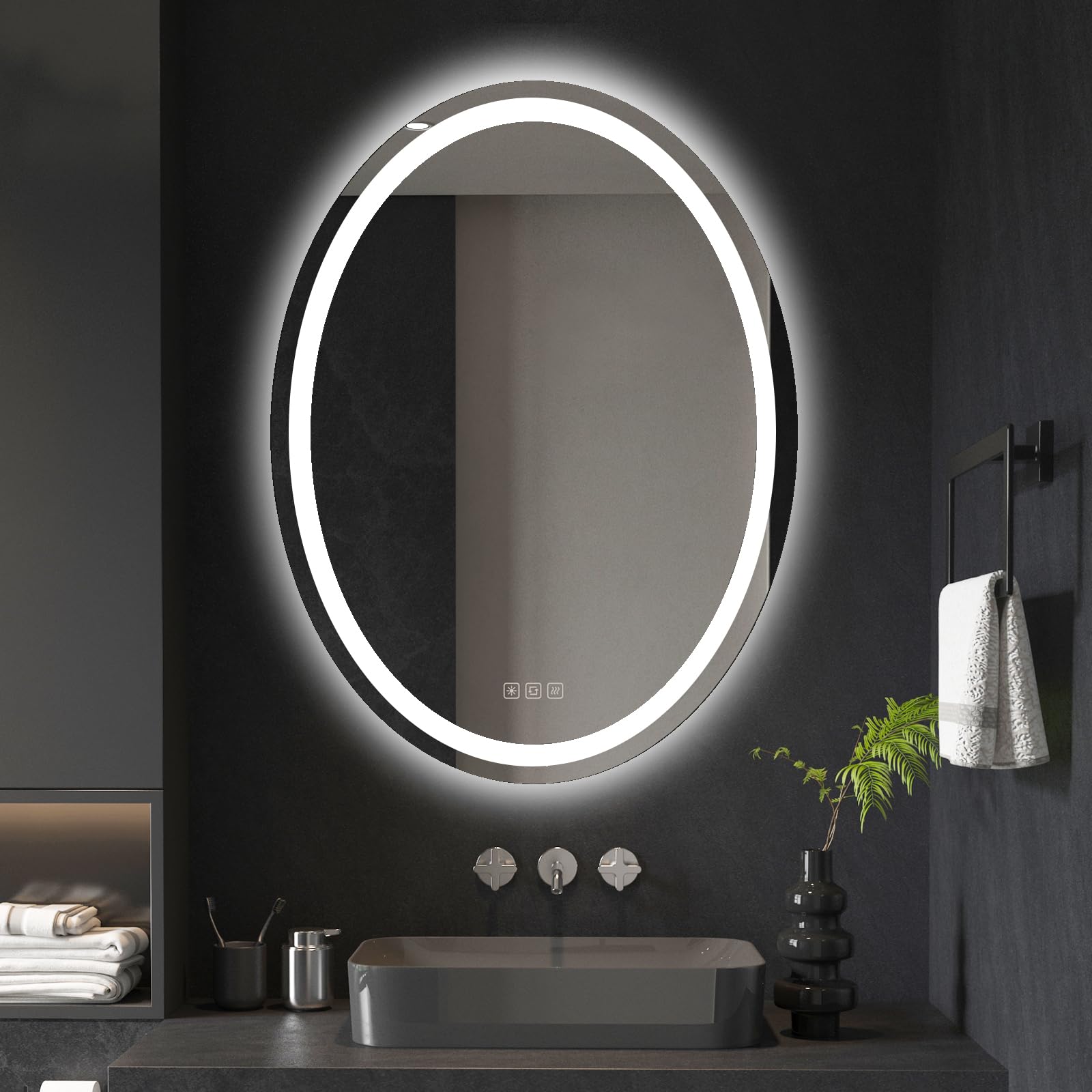 furduzz Ovaler LED-Badezimmerspiegel, 80x60 cm hinterleuchteter Eitelkeitsspiegel, Wandspiegel mit Lichtern, beleuchteter Make-up-Spiegel, Anti-Nebel, Memory-Funktion, Dimmbar