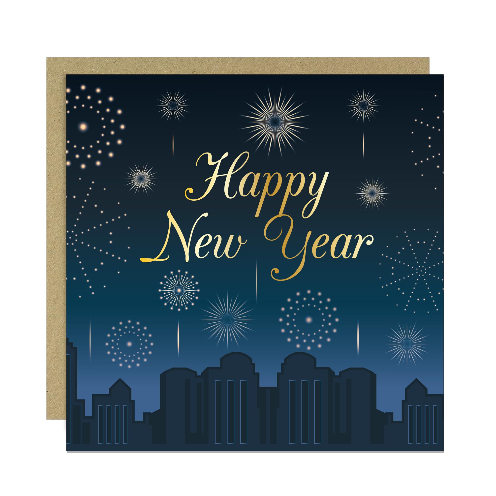 RED OCEAN Happy New Year Fireworks Card For Family and Friends New Years Eve Celebration Greetings Card 145x145mm With Kraft Envelope