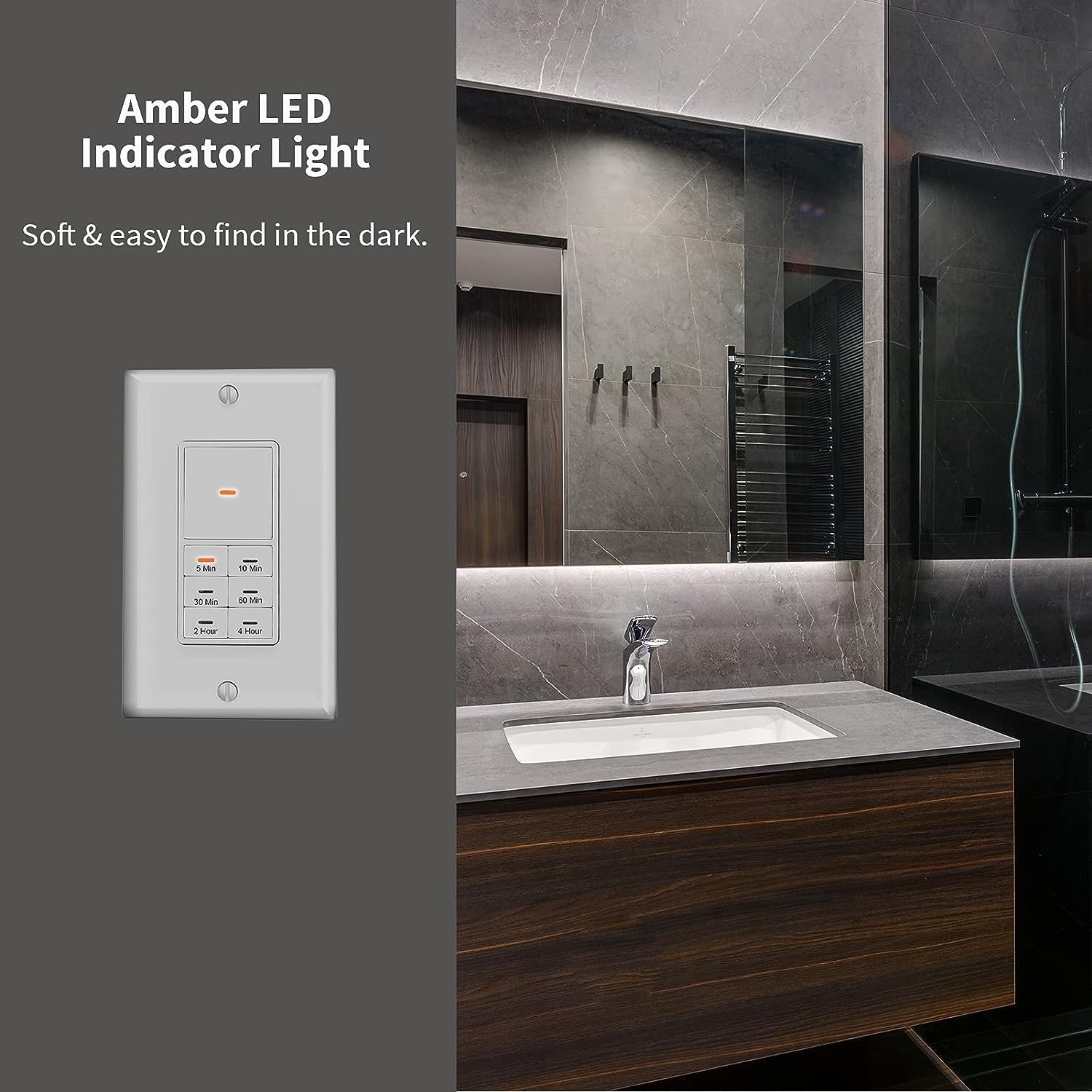 Minoston Zeitschaltuhr, 2-4 Stunden, 5-10-30-60 Minuten, mit dimmbarer LED-Anzeige, benötigt neutrales Kabel, Countdown-Schalter für Beleuchtung, Badezimmer