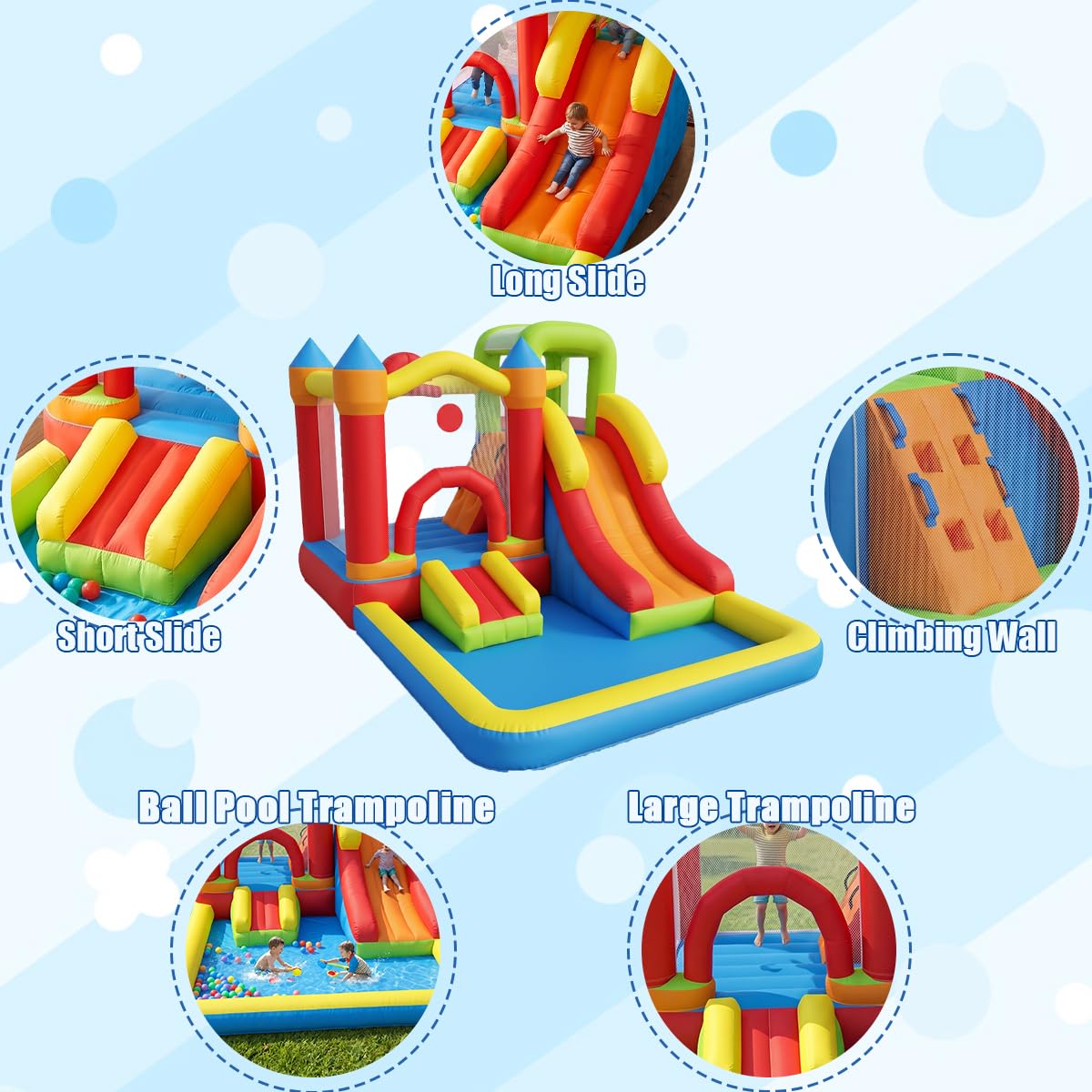 Casa de rebote con hoyo de bolas, castillo hinchable 7 en 1 con soplador, pared de escalada, tobogán y aro de baloncesto para patio trasero, patio de juegos para niños pequeños de 3 a 10 años de edad