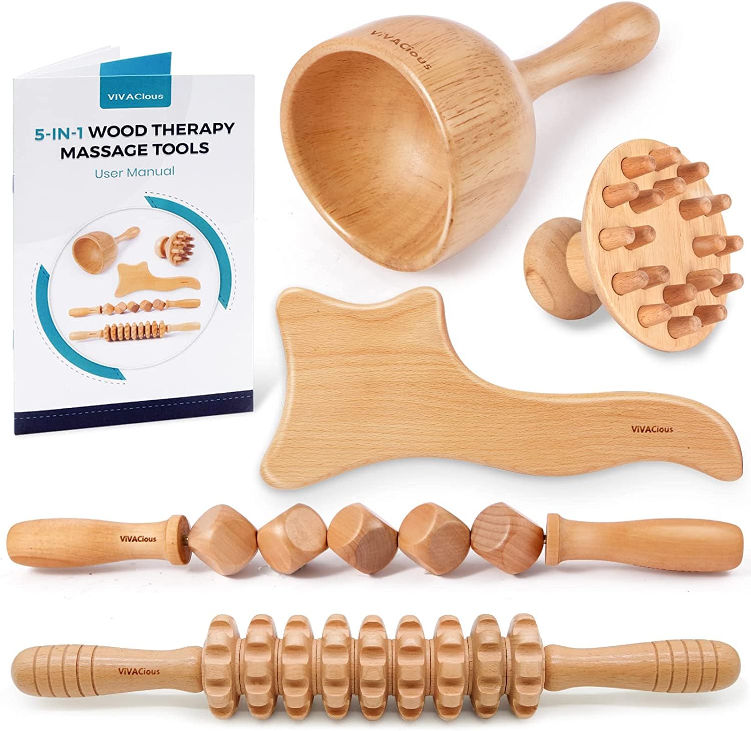 5-in-1 Wood Therapy Massage Tools - Professional Maderoterapia Kit, Lymphatic Drainage Wood Massage Tools for Body Shaping, Muscle Pain Relief, Colombiana, Anti-Cellulite
