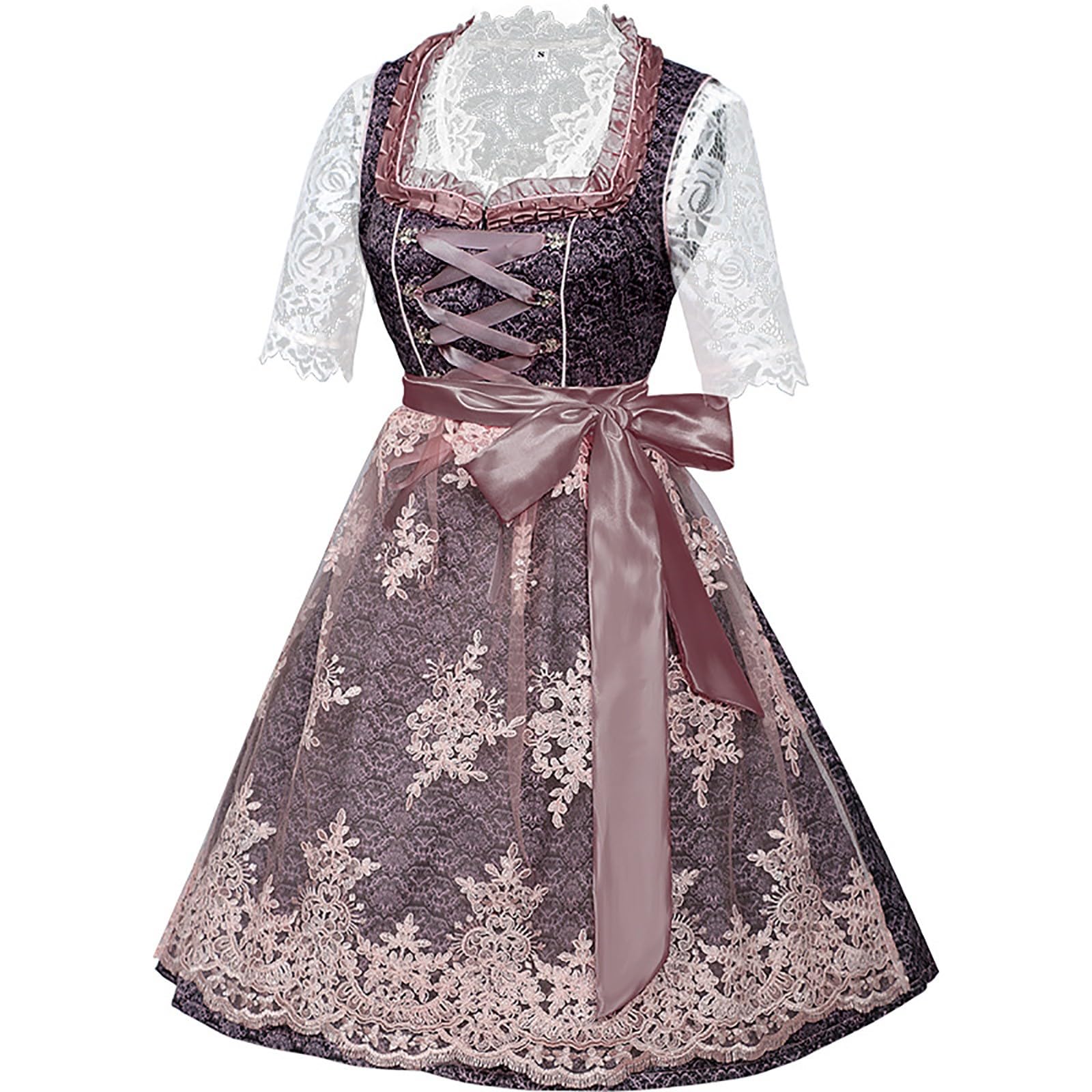 Vestito Dirndl Donna Lungo Abiti da Cerimonia Donna Vestito Bavarese per Oktoberfest Elegante per Regalare Stile al Party Abito Floreale in Pizzo con Grembiule e Stivali Tracht Cameriera