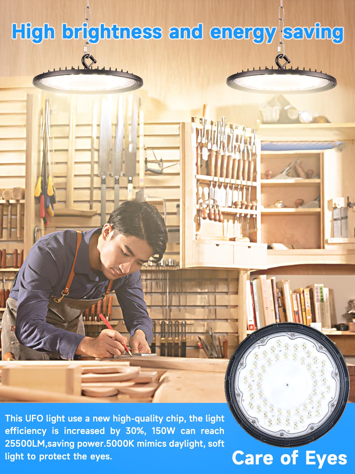 UFO LED High Bay Light 150W 25500LM Led Shop Lights with 5ft Cord U Bracket for Warehouse Workshop — view 7