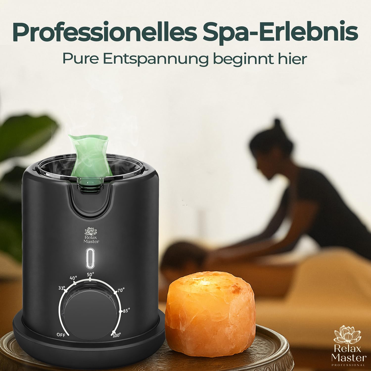 Relax Master Massageölwärmer Keramik-Ausgießkanne Einstellbare Temperatur 33–100 °C Schnelles Aufheizen Bain-Marie-System BPA-frei