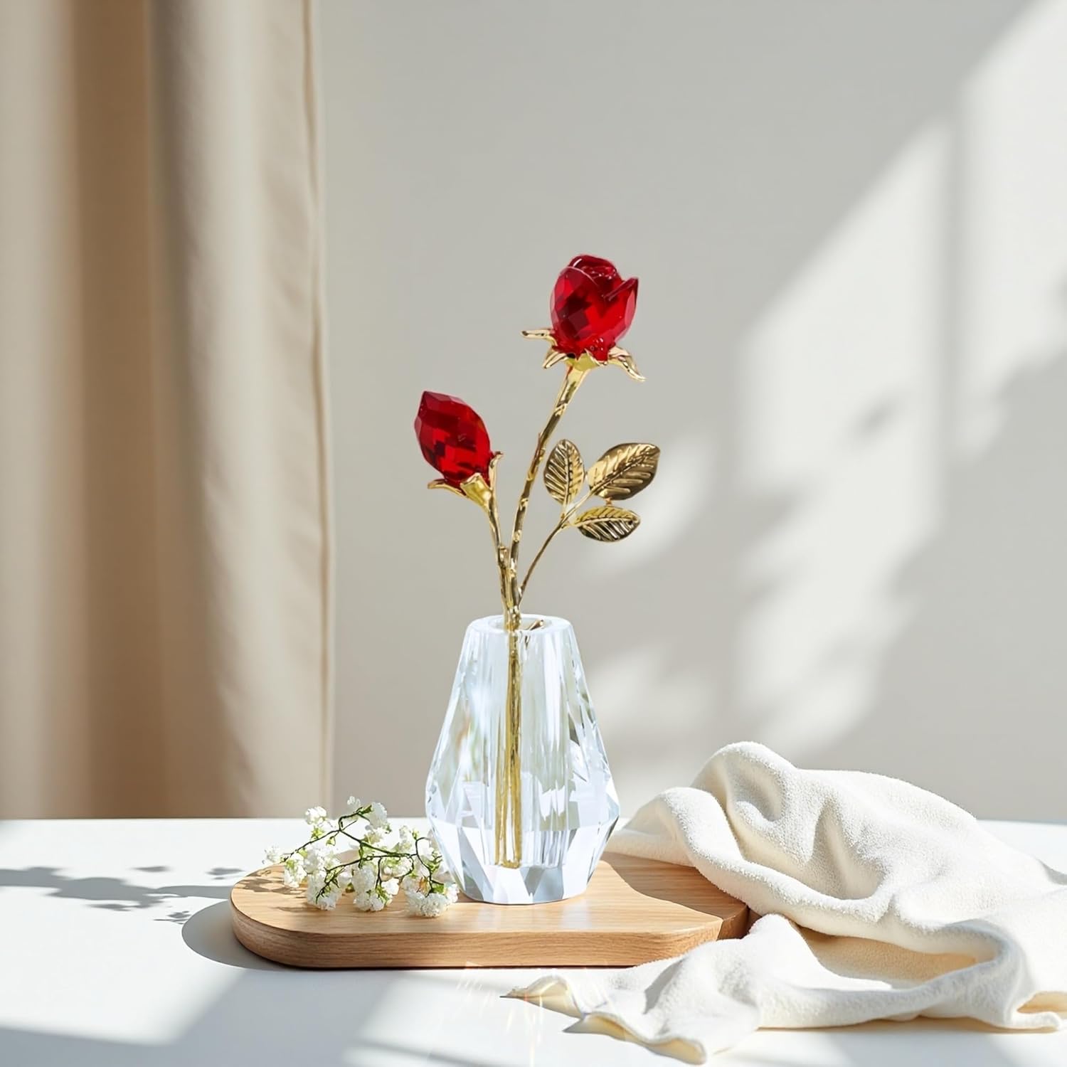 RONGKRISTO Crystal Red Rose Figurine Collectible Glass Double Roses Flowers Bouquets Ornament Decor for Home Wedding Party (Red) - Image 3