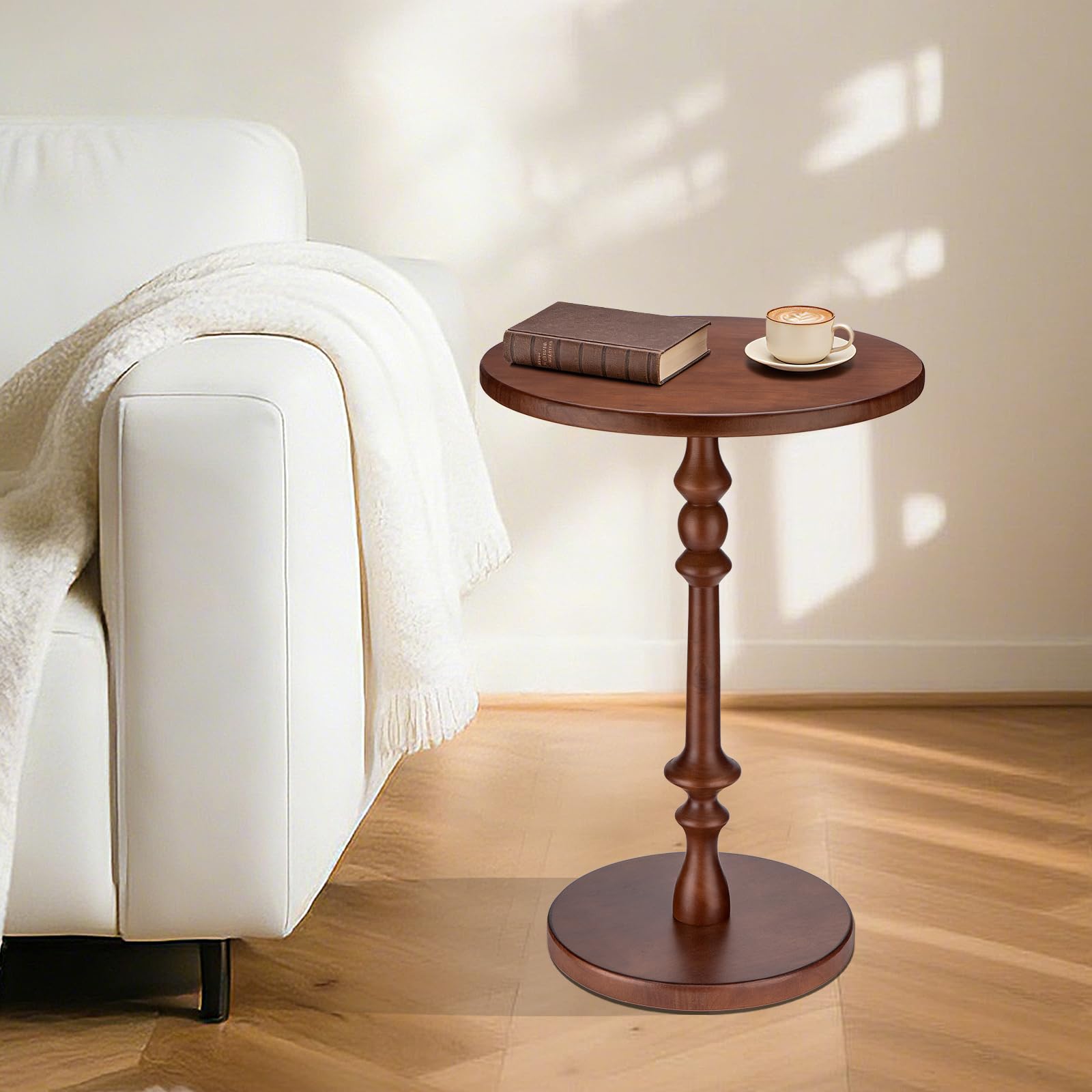 Runder Beistelltisch aus Massivholz, 15,75" Kleiner Getränketisch mit Rutschfester Sockelbasis, moderner Endtisch Akzenttisch für Wohnzimmer und Schlafzimmer,braun