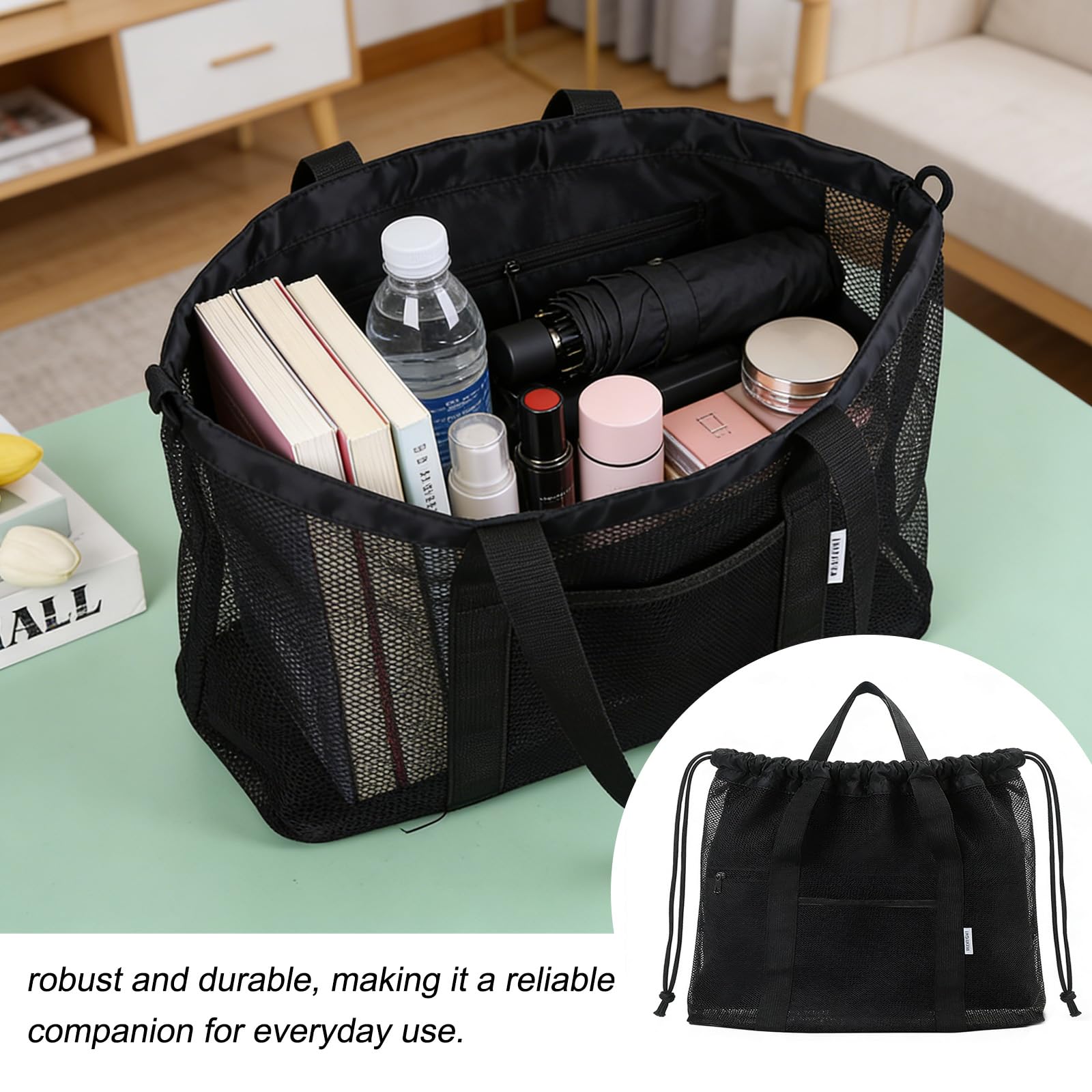 Borsa Mare in Rete, Borsa Spiaggia Donna Di Grande Capacità con Separazione Bagnato-Asciutto,Tasca Impermeabile in Pvc, Chiusura A Cordino, Beach Bag Leggera per Piscina, Vacanze, Viaggio | Traspirante