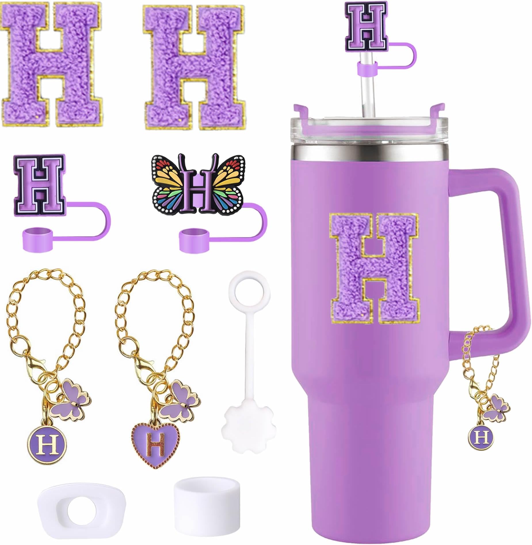 9pcs Cup Accessories Set, Butterfly Straw Cover Cap for Stanley Cup 30oz/40oz,Sticker for Stanley Decorations,Initial Letter Charm Personalized Spill-Proof Silicone Stoppers (Purple H)