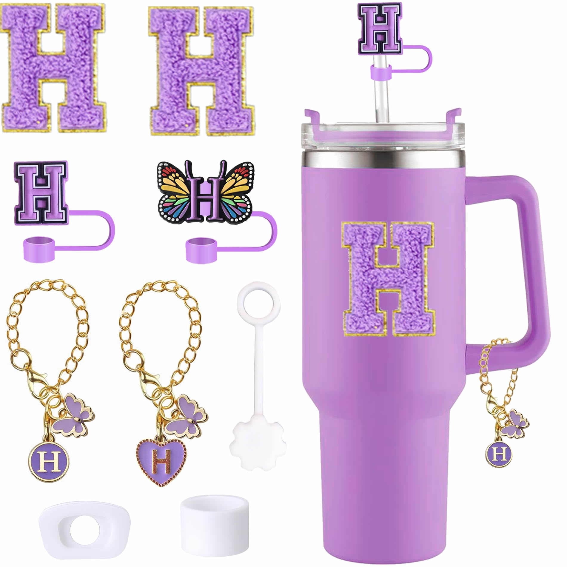 9pcs Cup Accessories Set, Butterfly Straw Cover Cap for Stanley Cup 30oz/40oz,Sticker for Stanley Decorations,Initial Letter Charm Personalized Spill-Proof Silicone Stoppers (Purple H)