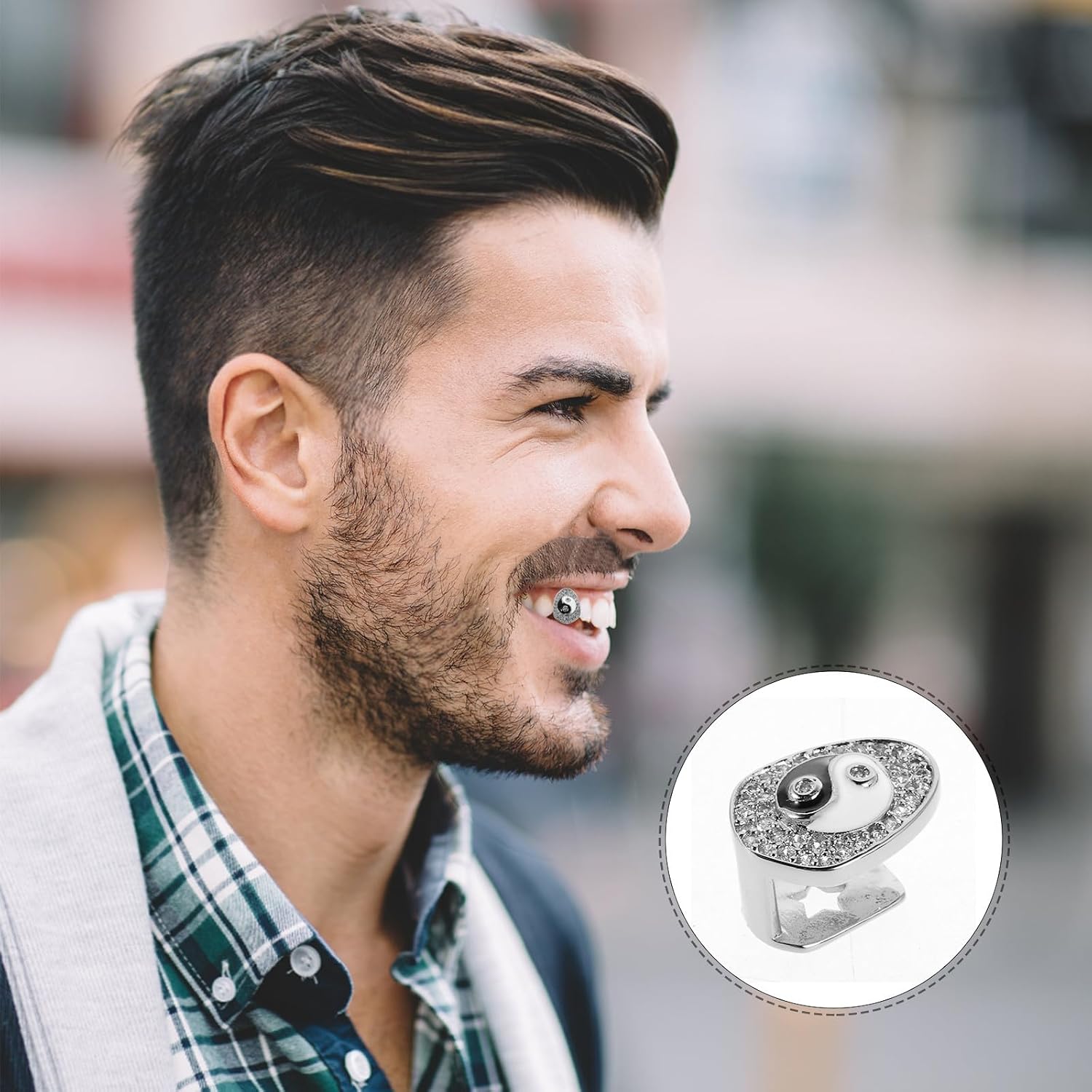 Abaodam Silver Bagua Tooth Grill Hip Hop Mouth Grills for Men and Women Street Style Body Jewelry