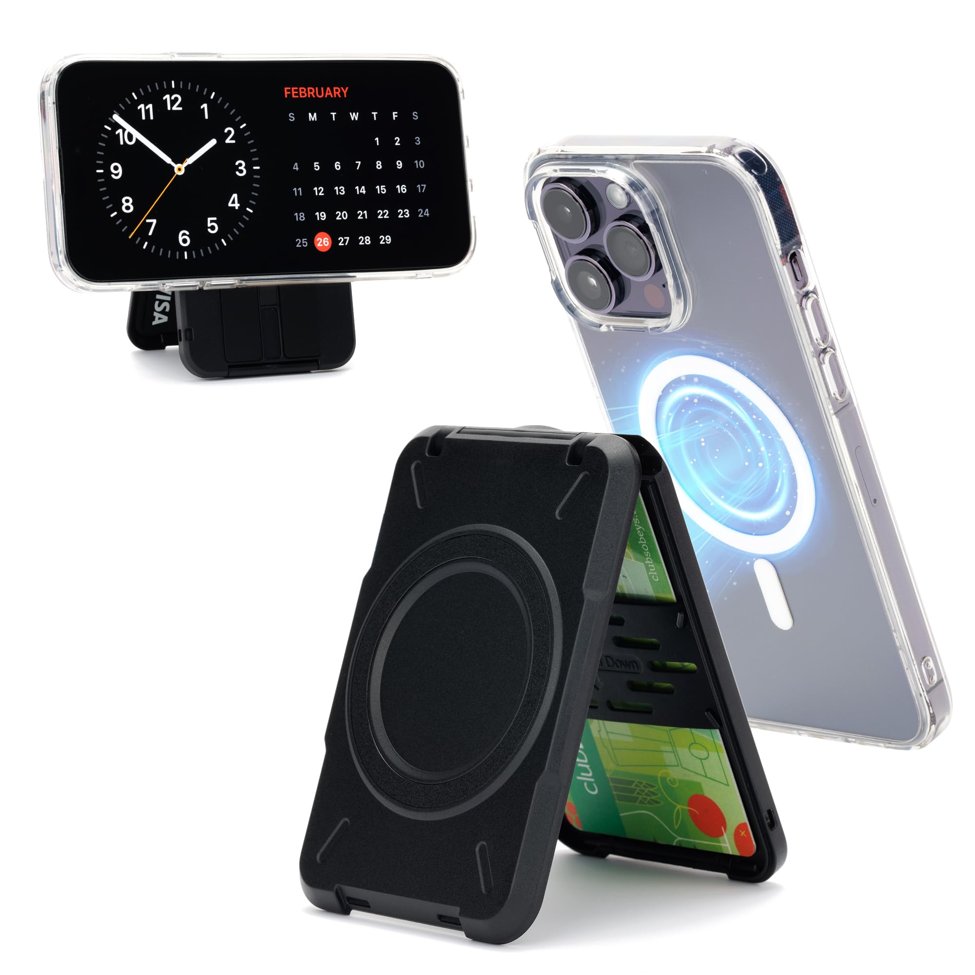 PROfezzion Double Sided Magnetic Phone Wallet, RFID Blocking Snap-on Hard Shell Card Holder 4-Cards Designed for MagSafe Compatible with iPhone 15 14 13 12 Pro Max Plus & MagSafe Case (0.5" Thick)