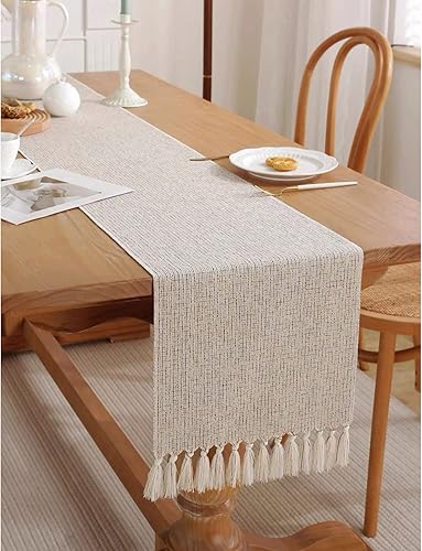 WIGNEE Camino de mesa neutro marfil de 60 pulgadas de largo, camino de mesa bohemio de 13 x 60 pulgadas, camino de mesa blanco con borlas (13 x 60