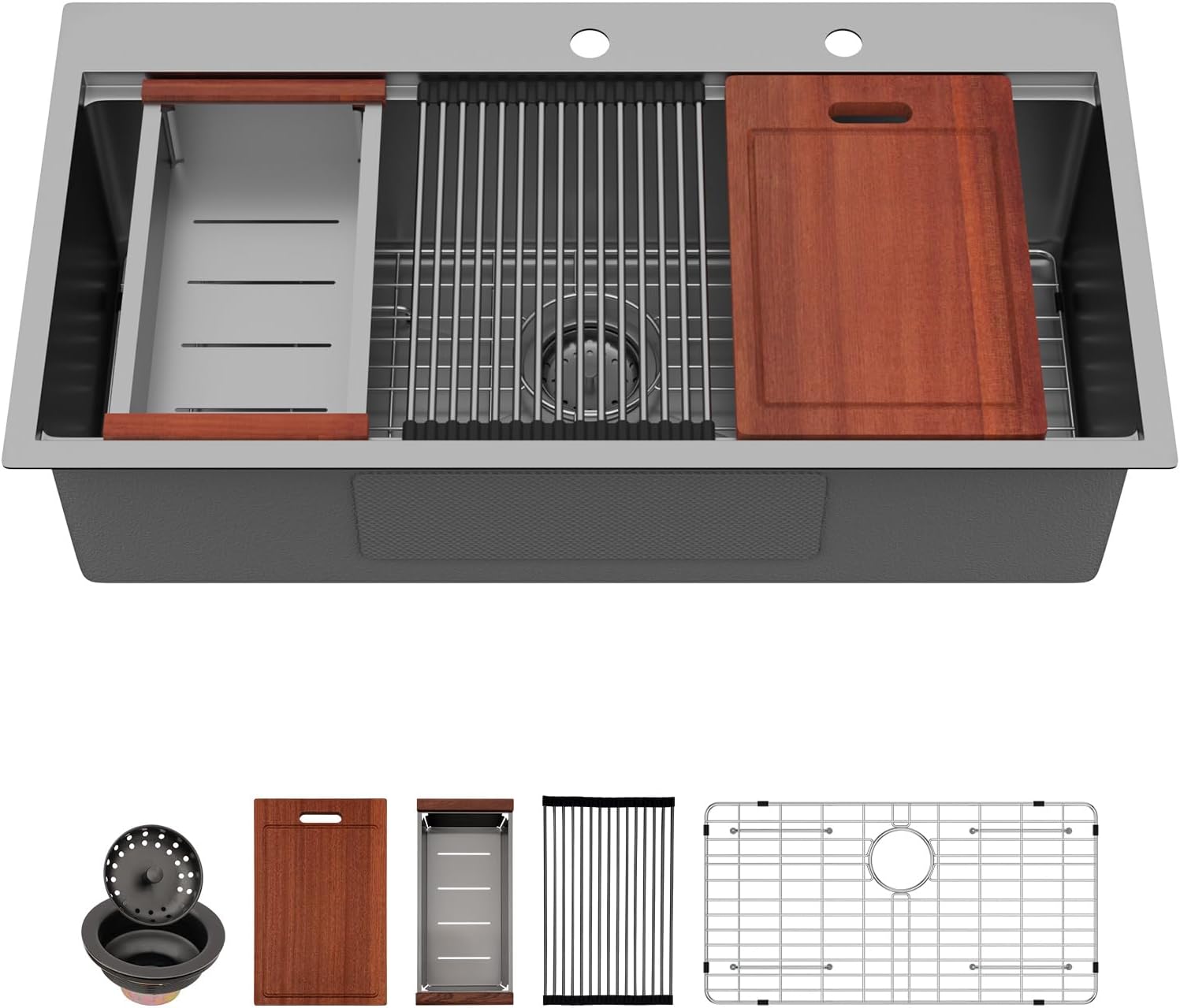 Sarlai 36 Inch Black Drop In Kitchen Sink Workstation - 36x19 Drop In Kitchen Sink Black Stainless Steel Topmount Workstation Sink 16 Gauge Deep Single Bowl Top-mount Kitchen Sink