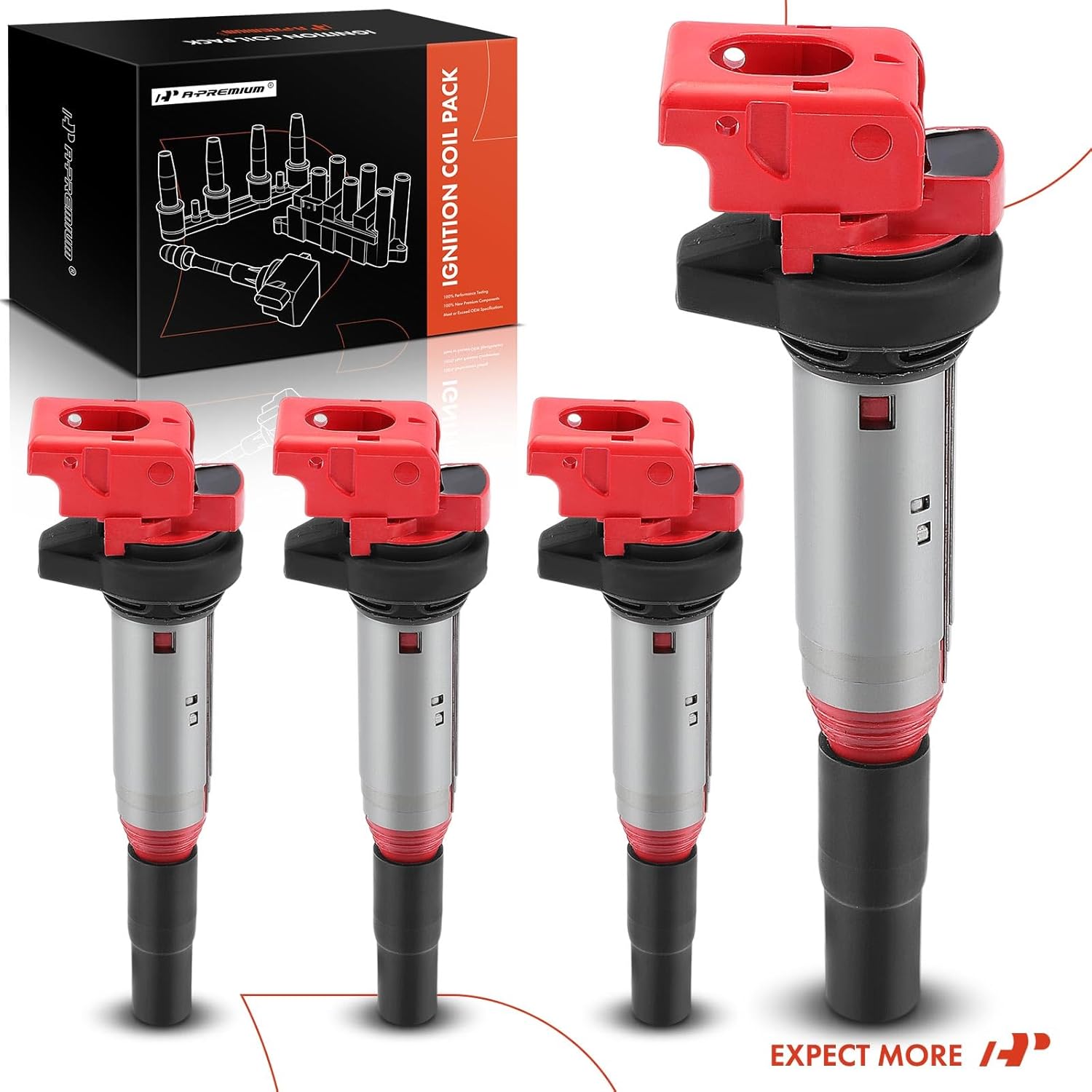 A-Premium (Red) Engine Ignition Coil Pack Compatible with Mini Cooper 2007-2013, Cooper Countryman Paceman, 1.6L, 4-PC Set