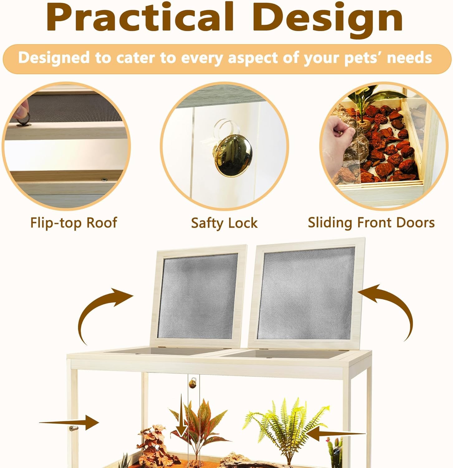 PROLEE Bearded Dragon Tank, Reptile Tank with Meatl Mesh Roof and Front Sliding Door, Lizard Tank,Spacious Reptile Enclosure for Snakes,Lguanas, Chameleons (Oak, 27 Gallon Volume, 24 Inch Length)