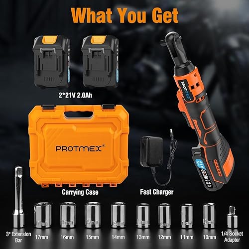 Miniatura 8 de Protmex Llave de trinquete inalámbrica de 38 pulgadas, trinquete eléctrico de 60 pies-libras (80 N.m) con batería de 21 V, 2 x 2.0 Ah, juego de