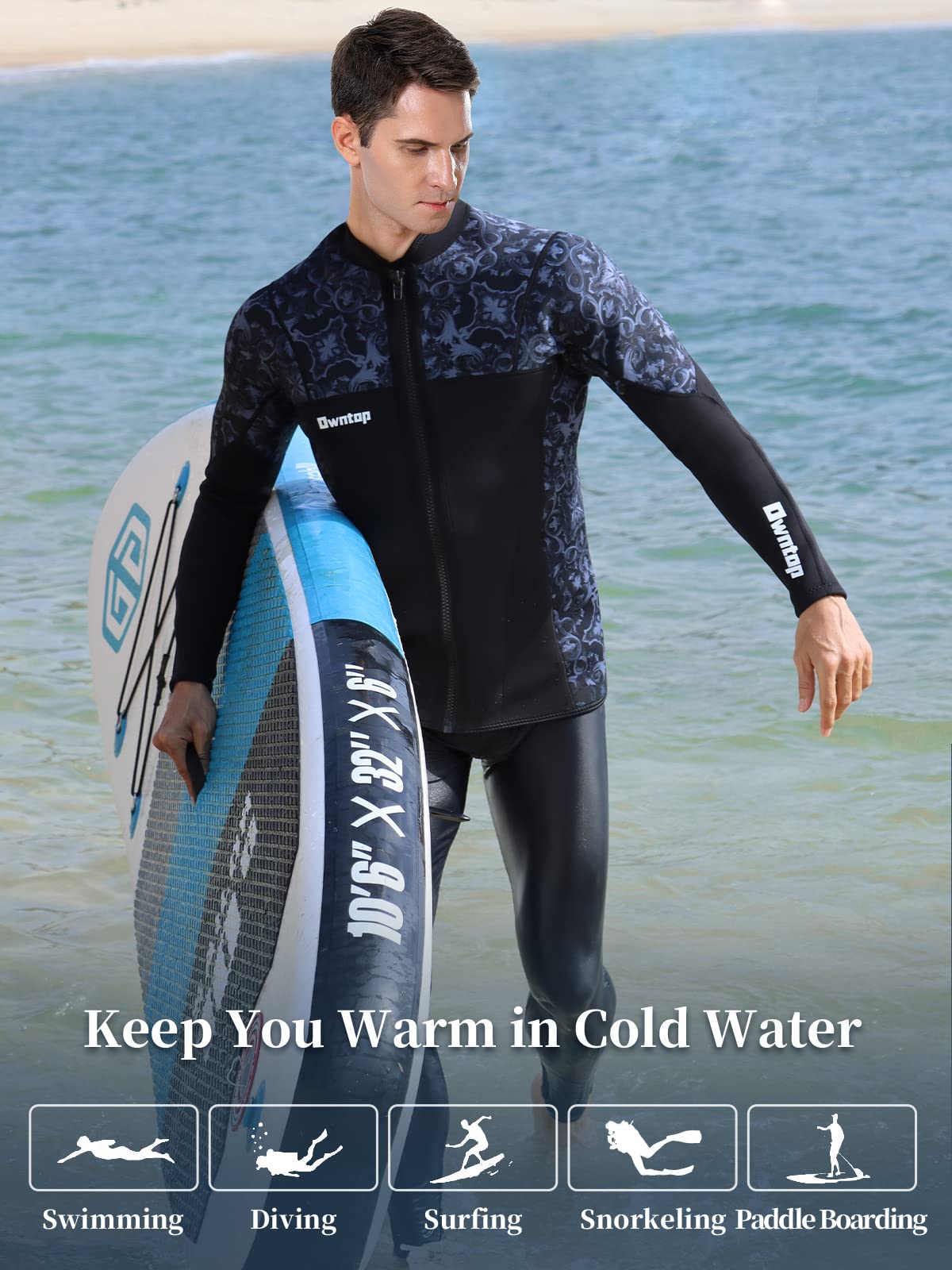 Hommes Femmes Combinaison Haut - Veste de Combinaison en Néoprène 3mm, Combinaison de Plongée Manches Longues Rash Guard pour Plongée Surf Snorkeling UPF 50+, M
