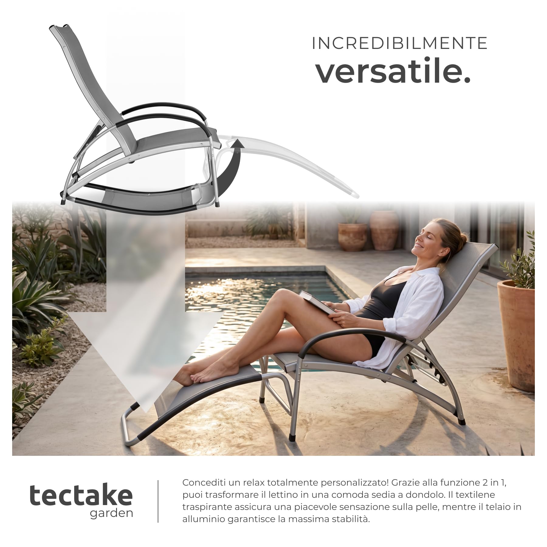 tectake® Set da 2 lettino prendisole 2in1, funzione sedia dondolo, schienale regolabile, struttura alluminio, superficie traspirante, sdraio da giardino, sedia a sdraio pieghevole - Antracite