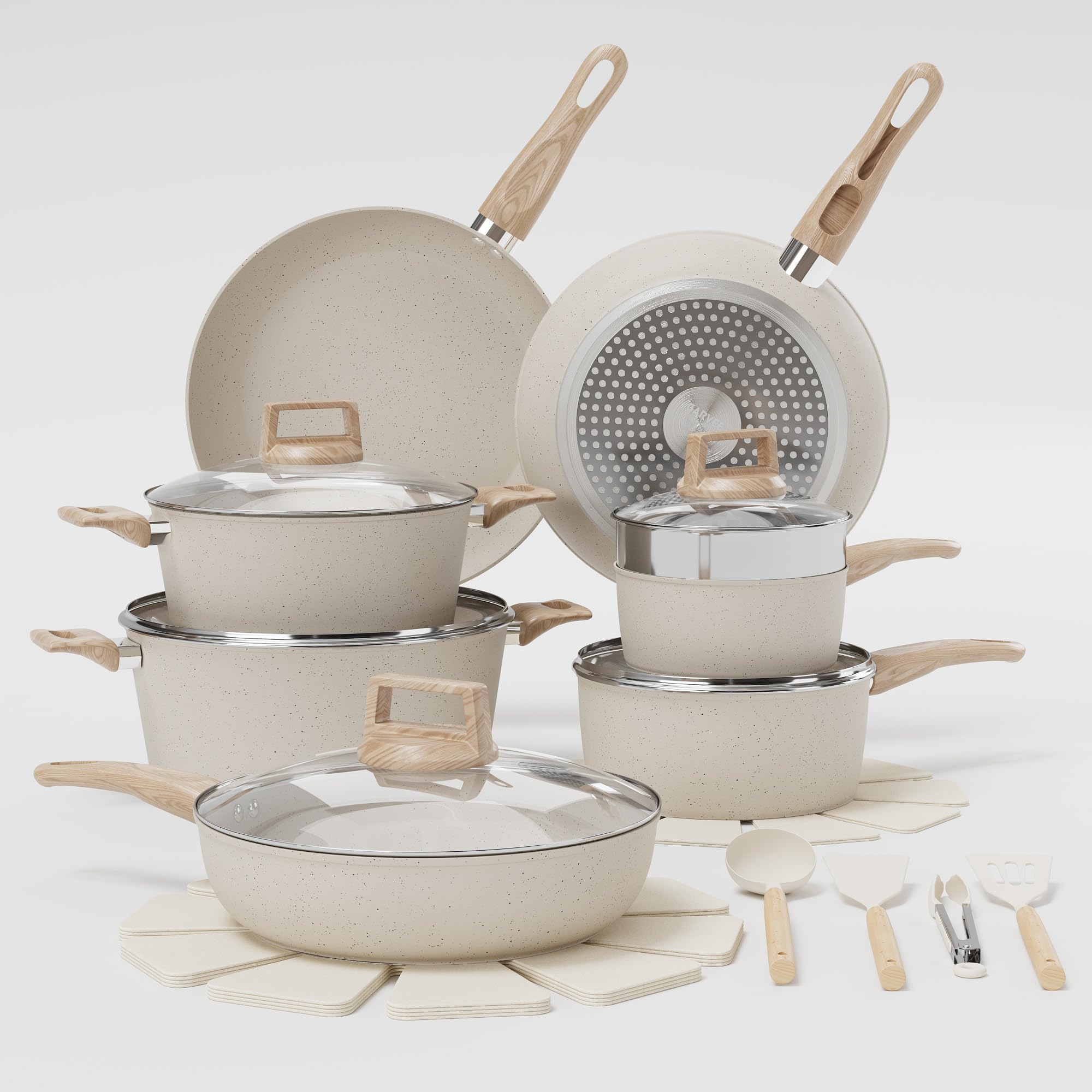Batería de cocina antiadherente de cerámica de 21 piezas, compatible con inducción, con sartenes, ollas y olla de vapor, con utensilios de cocina, color blanco crema