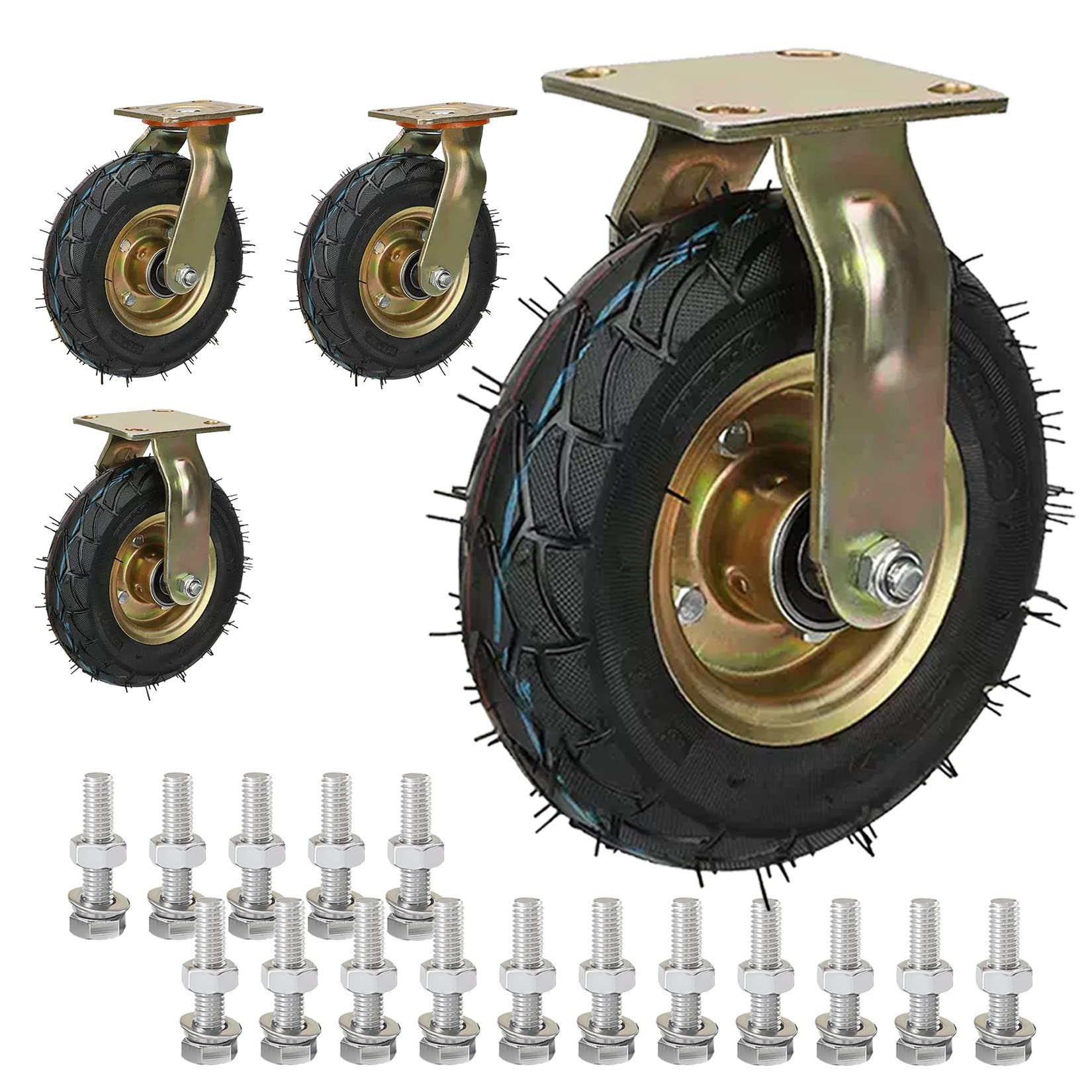 MXXQRHF Heavy Duty 8" & 10" Swivel Caster Wheels Set of 4 with Side Brakes Silent Pneumatic Rubber 770Lbs Load Capacity for Commercial & Industrial Use