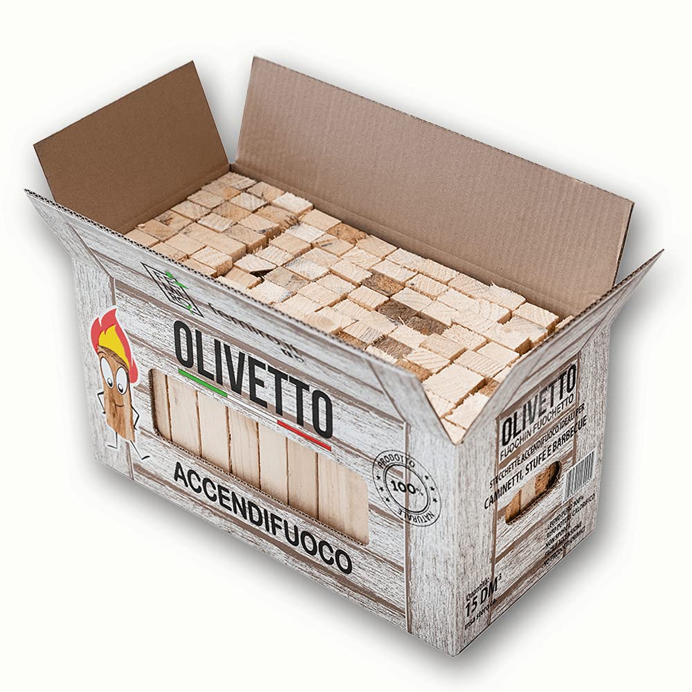 FEMIRO Legna da Ardere di Olivo 3 Scatole da 10 kg con 1 Scatola di Legnetti Accendifuoco da 8 kg – Set da 40 kg in Scatole di Cartone – Per Camino, Stufe, Forni e Barbecue