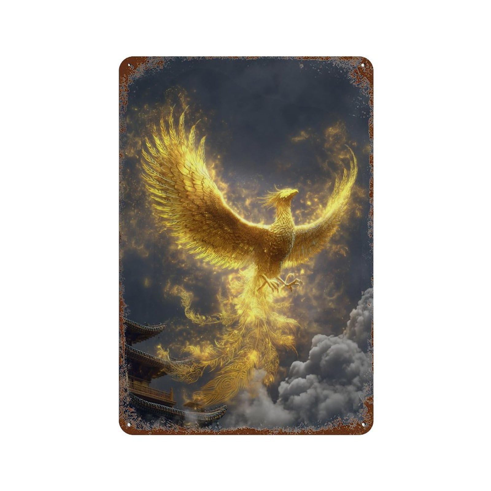 Golden Phoenix Rising-1 Weathered Tin Sign 11.8"x7.9", Classic Wall Plaque for Garage, Bar And Workshop Decor