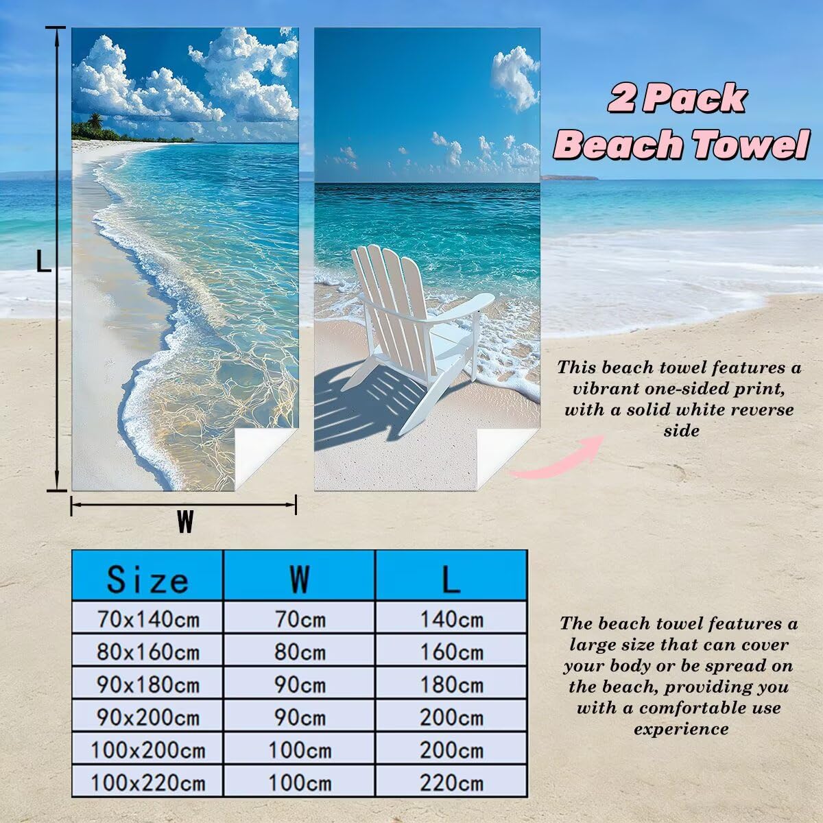 Toalla Playa 100x220 cm, Toalla Gimnasio Microfibra Secado Rapido, Juego de 2 Antiarena Toallas de Playa, Ligera Compacta Toallas Microfibra Grande para Viaje, Regalo Hombre Mujer (Océano) -5103