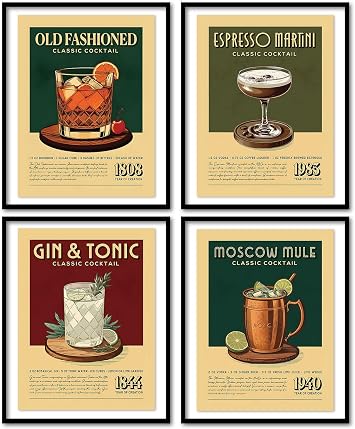 KDHTY Vintage Cocktail Poster,Bar art Cart Accessories,Set of 4,Funky Preppy Champagne Cocktail Girly Poster Room Aesthetic for College Dorm Apartment,8x10 Unframed