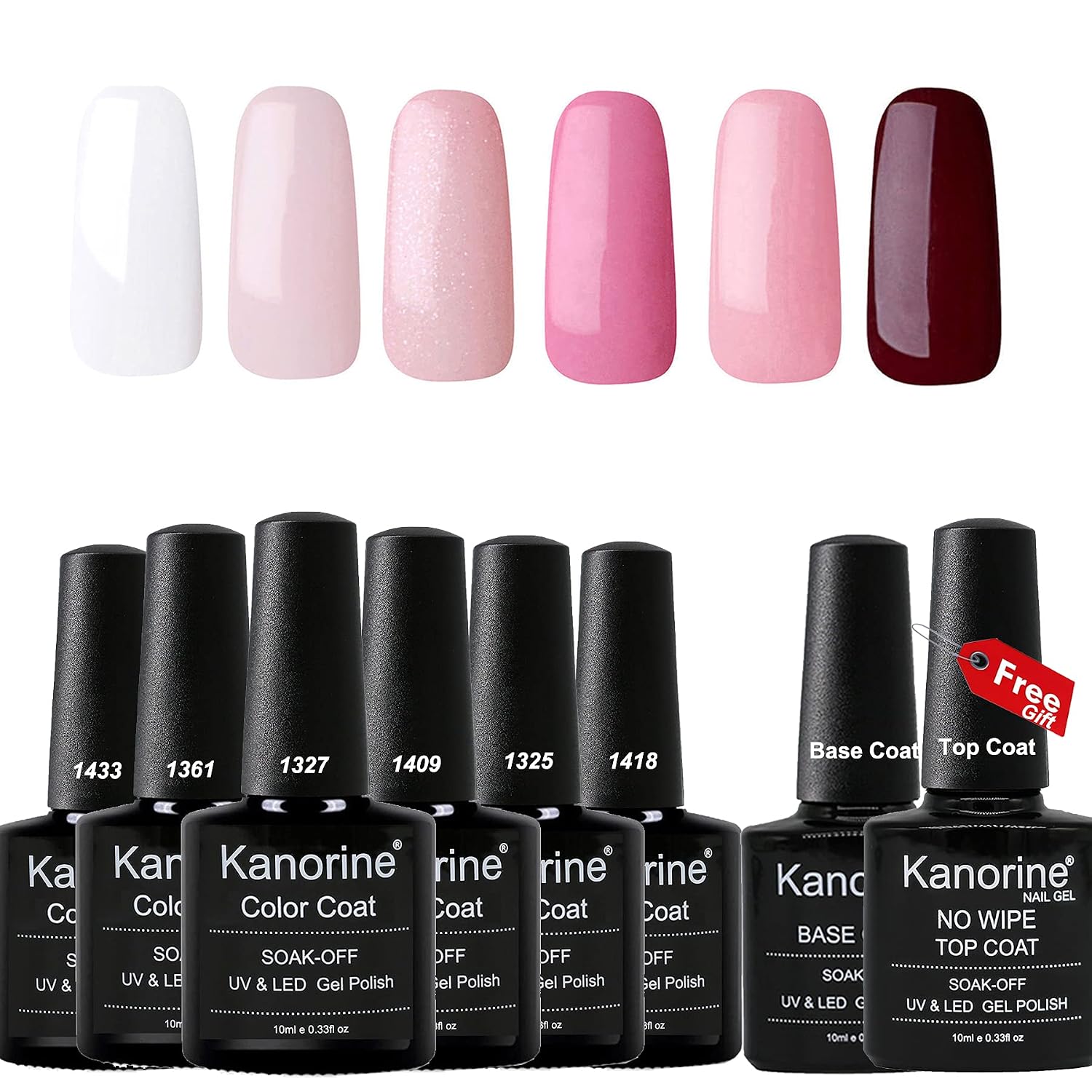 Kanorine™ 8pcs Nail Gel Polish Set (6 Colors + Base & top Coat) Soak Off UV/LED Gel Nail Polish Long Lasting Gel Varnish Manicure Set 10ml x8pcs