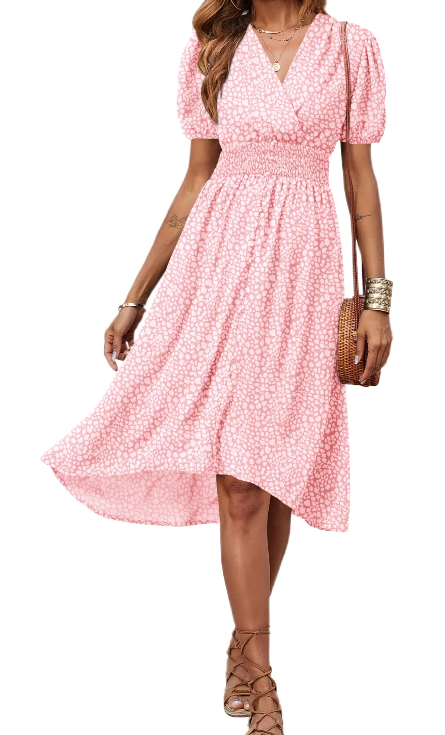 PRETTYGARDENWomen's Floral Wrap V-Neck Midi Dress Short Sleeve Boho Summer Beach Long Dress High Low Hem Smocked Dress Women