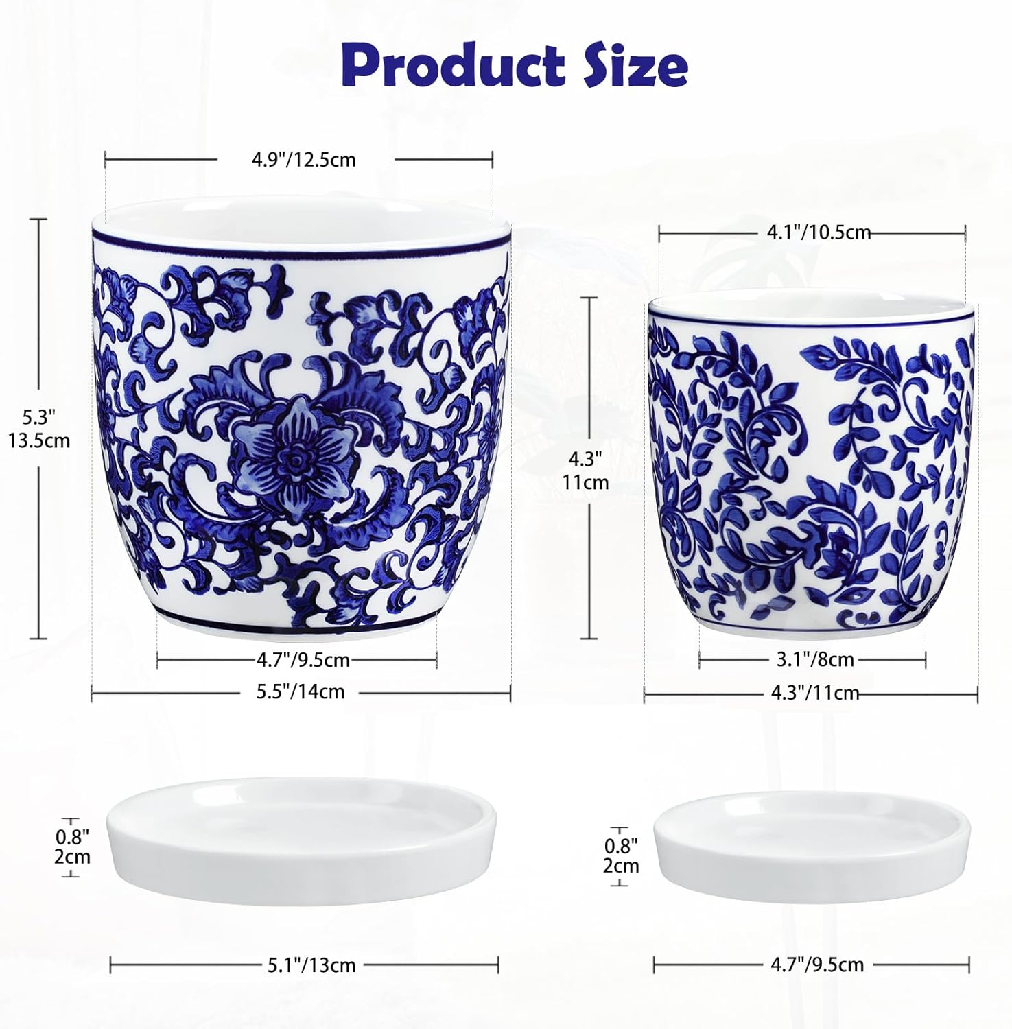Set of 2 Ceramic Blue and White Plant Pots with Drainage Hole and Saucers, 4.3/5.5 Inches Ceramic Planters Round Flower Pots for Indoor Plants Succulent Cactus Orchid Flower, Indoor Outdoor Decor
