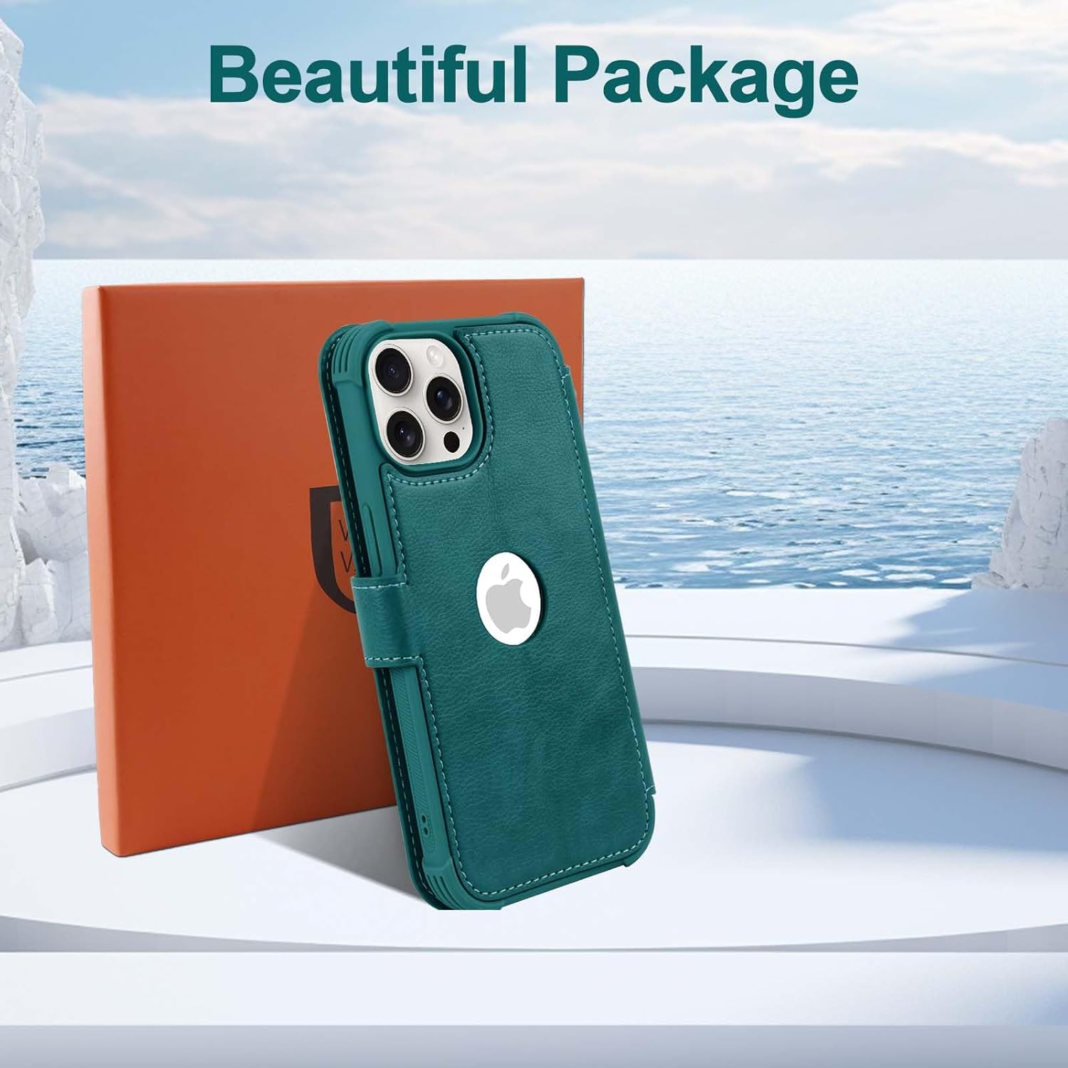 VANAVAGY Compatible for iPhone 15 Pro Max Wallet Case, PU Leather Flip Cover with Wrist Strap for Wireless Charging with RFID Blocking Card Holder,[Screen Protector & Camera Cover],Midnight Green