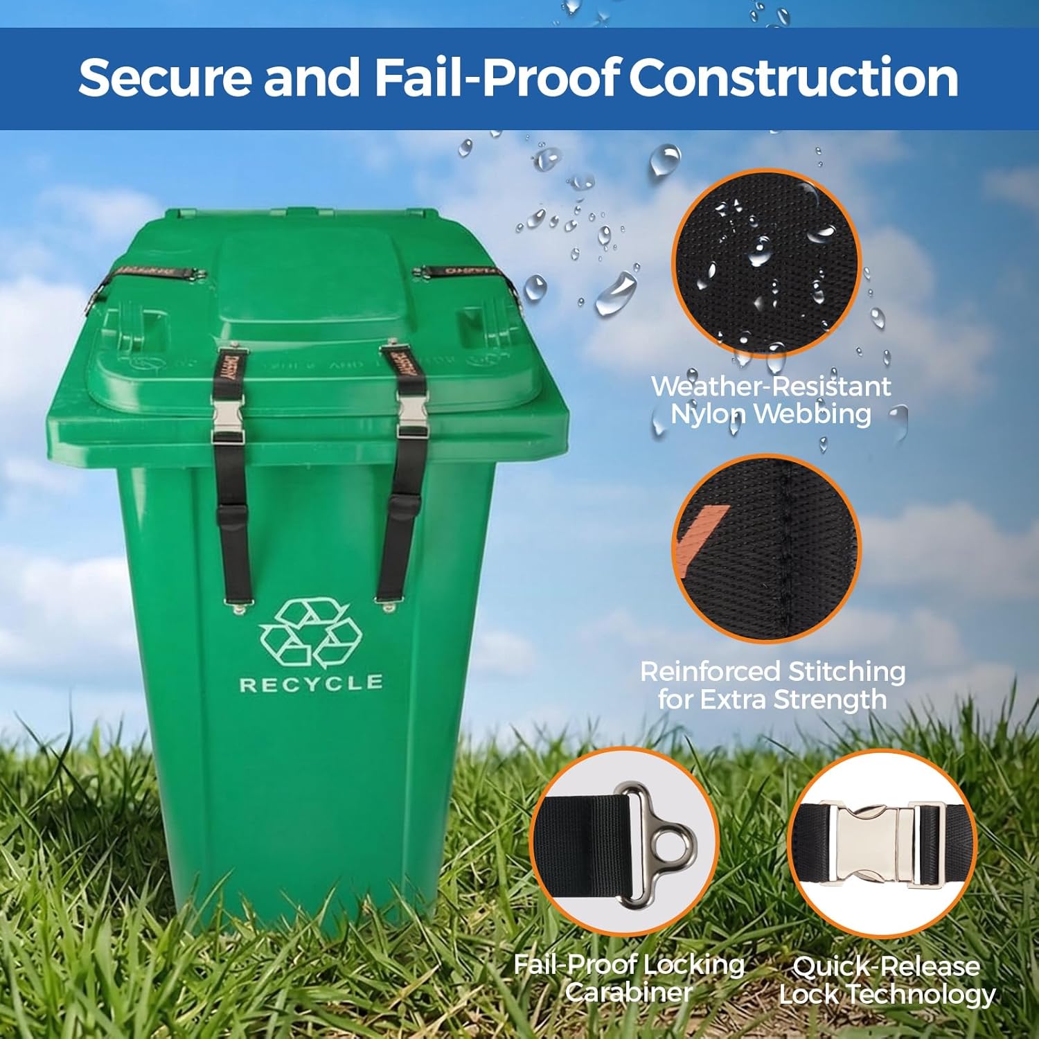 4PCS Heavy-Duty Bear Proof Trash Can Locks - Animal-Proof Lid Straps with Secure Buckle for 28-96 Gallon Outdoor Bins, Anti-Raccoon & Wildlife