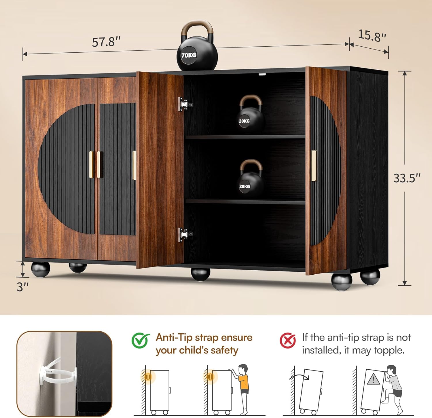 58" Fluted Modular Buffet Cabinet with Arched Doors & Gold Handles, Mid Century Modern Sideboard Credenza Storage with Adjustable Shelves, Wood Coffee Bar Console Table for Dining Living Room
