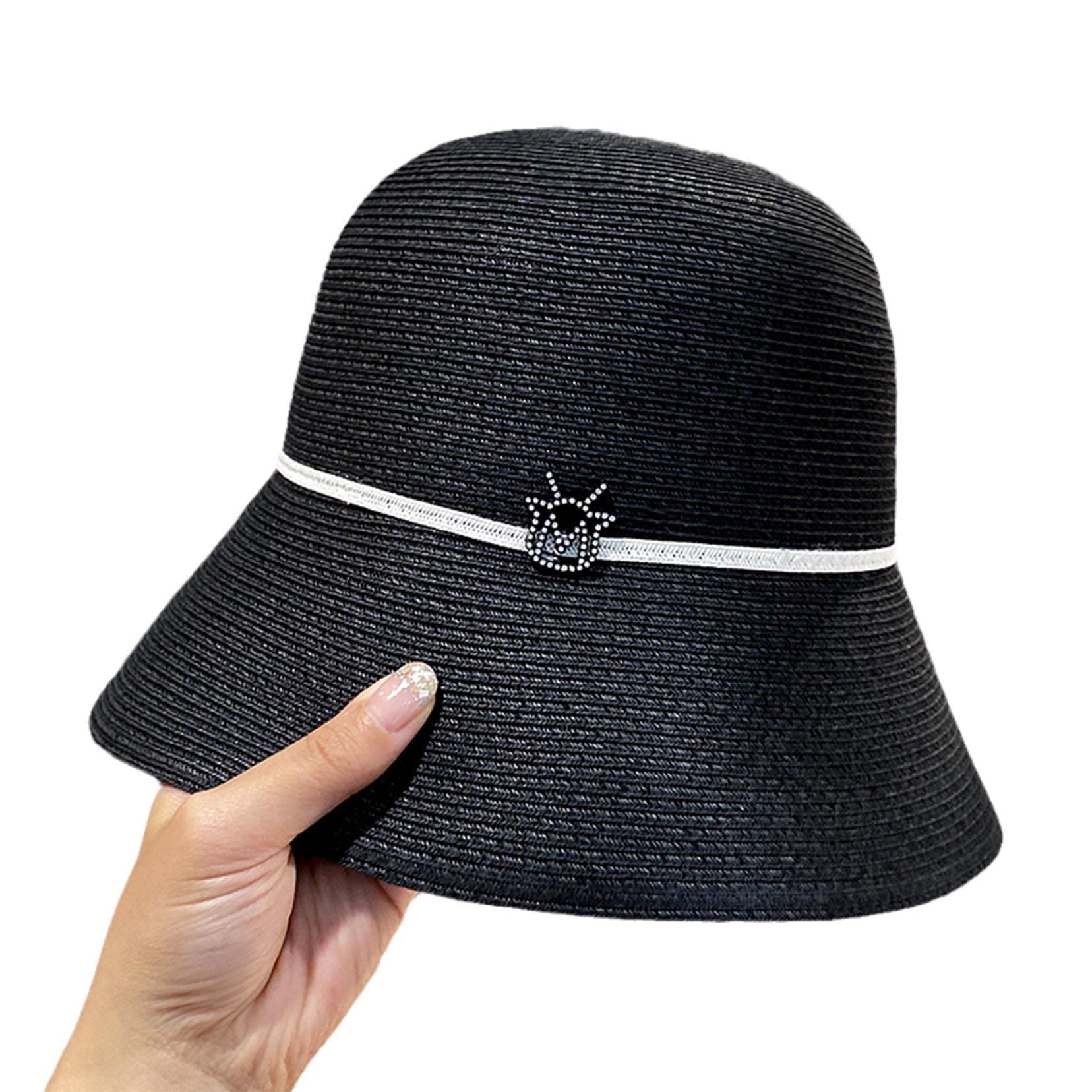 Frauen mit breiter Krempe Strohhalm Hut, Roll-up-Strandhut für Frauen, beige Sonnenhut Sommer UV-Schutz black-56-58cm