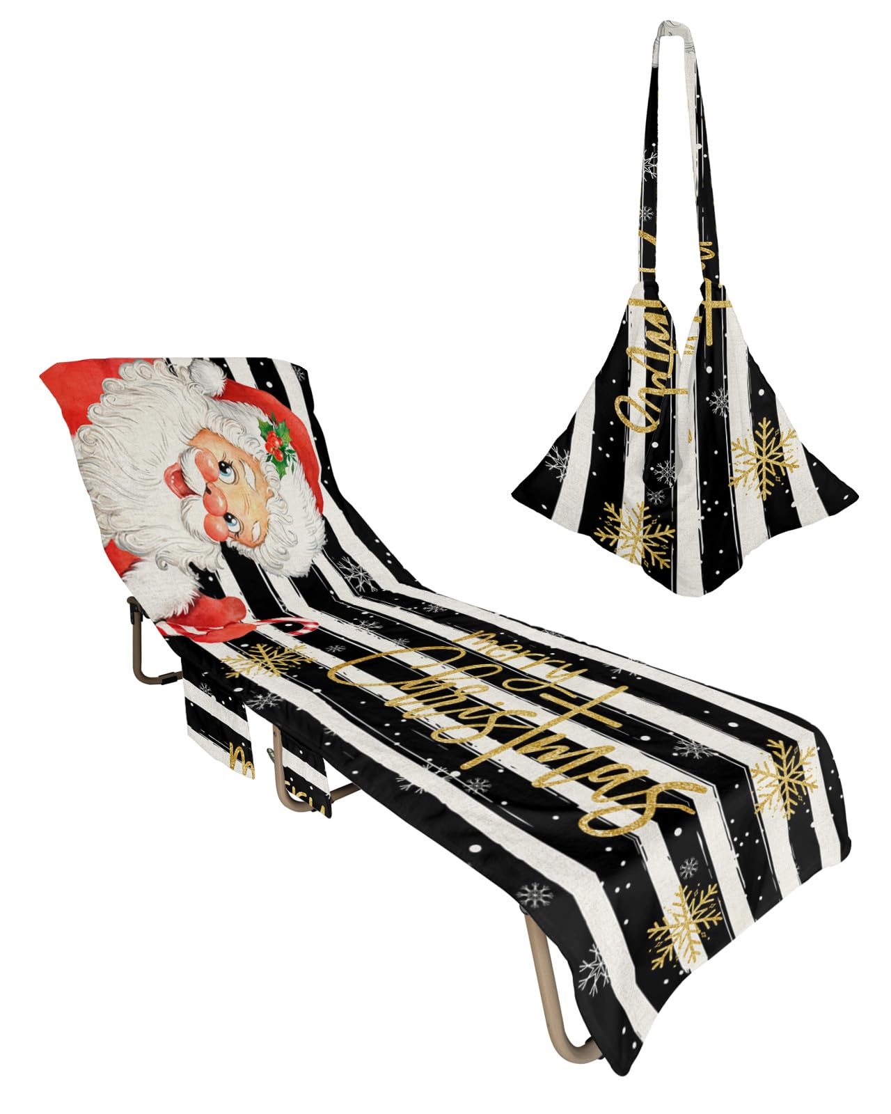 Santa Beach Chair Towel Covers for Chaise Lounge With Side Pocket, Soft Plush Pool Towels Cover for Patio Sunbathing Outdoor 29''x85'' Christmas Geometric Black Stripes Snowflake
