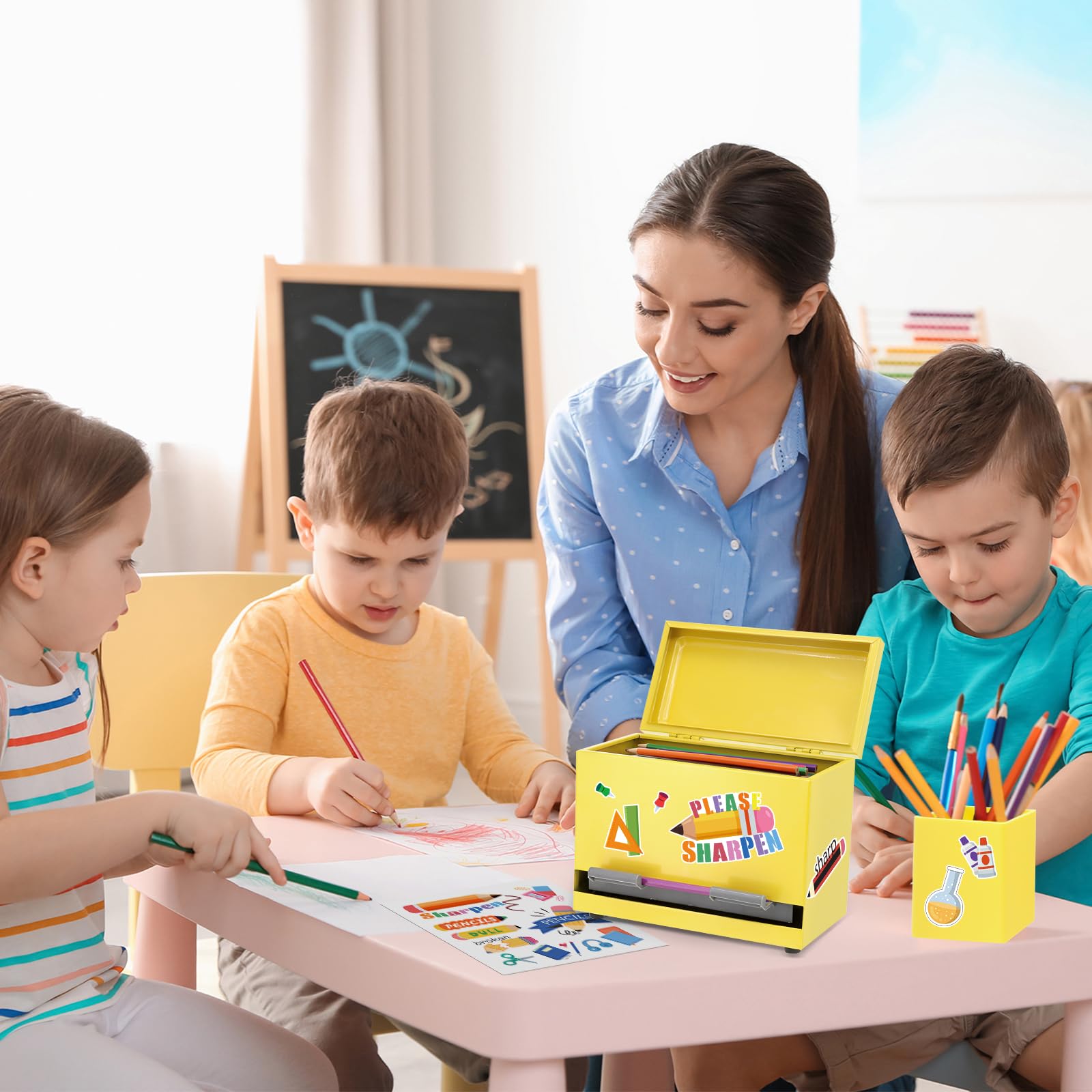 Stiftespender für Klassenzimmer, Edelstahl, Stifthalter für den Schreibtisch, Bleistiftspender-Set mit Silikon-Organizer und 5 Aufklebern, Schulanfang, Klassenzimmer, Muss für Lehrer, Gelb