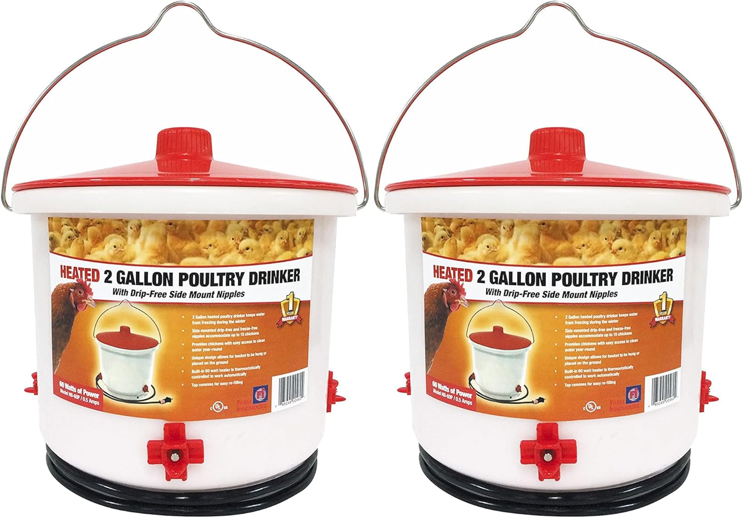 Farm Innovators Heated Waterer with Lid, 60W Hanging Water Dispenser - 2 Gallon Poultry Drinker Bucket with Red Top for Chickens, Turkeys, and Geese