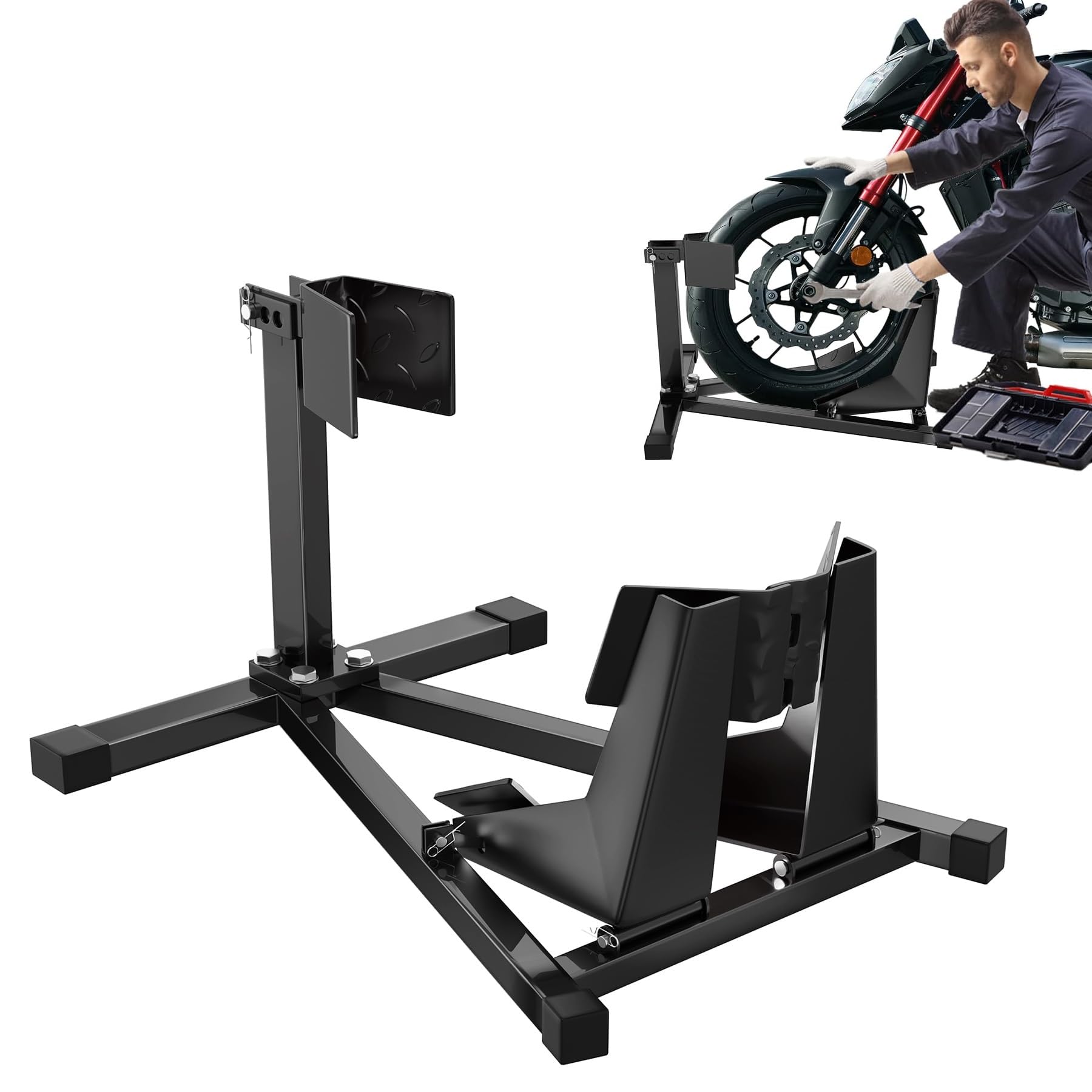 UISEBRT Stahl Motorrad Vorderradstütze - Montageständer passt Reifen von 17"- 21" Größe und 90-130 mm Breite - mit rutschhemmenden Gummifüßen, Abmessungen: 620x460x410 mm