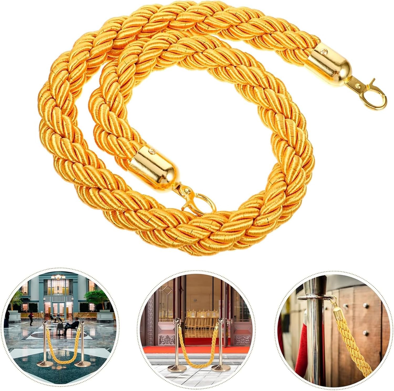 Corda barriera gialla in nylon intrecciato con ganci dorati per eventi