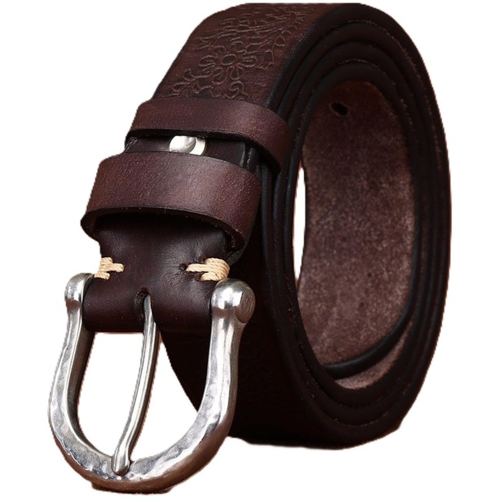 AGUTALITHIC Thicken Handmade Embossed Cowhide Leather Belt Engraved Western Floral Strap with Antique Silver Horseshoe Buckle(130cm/51, Coffee)